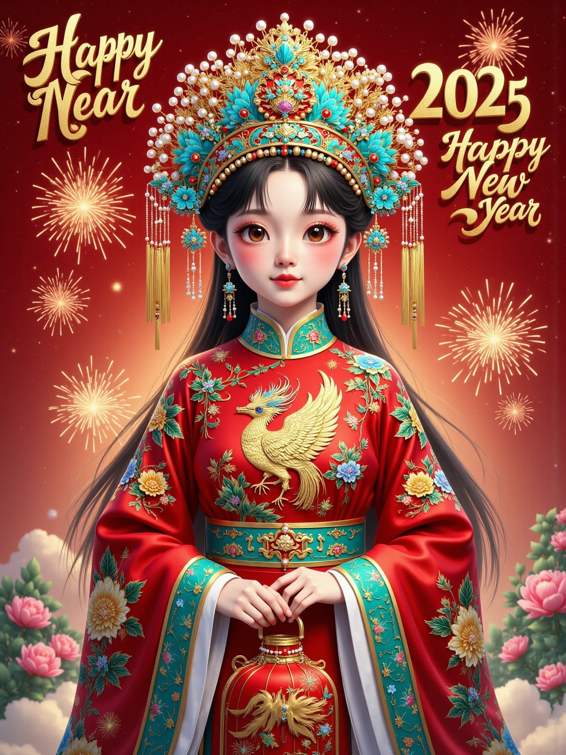 Splashed ink gold foil ，Sprinkin， freehand Chinese style gongbi characters and scenes ，lantern，fireworks， enamel cloisonne craft carving oversized text “2025 Happy New Year”， Text filled with cloisonne flowers ， outline the text with thick gold edges ，背景用 red蛇鳞片铺满，Cloisonné material，Rock Color， red、gold、 turquoise color ， ultra-fine detail painting ，Gold Thread，Gold Thread描边， rich in detail ， red背景，High Saturation，1girl， Guofeng girl with a strong temperament ， The crown of the Ming dynasty It matches the girl's fancy dress ，Celebrating Chinese New Year，凤冠闪耀着gold光芒， The top is embroidered with a realistic phoenix pattern ， The pink blush is like a sunset in the sky ， layered on the skirt 、 like a blooming flower 、The warmth of jade 。 Phoenix feathers are outlined with gold and silver thread ， the depth of the blue sapphire wobbles ， adding a bit of sweetness to her ， with flowing colorful clouds ， Embroidered with realistic phoenix patterns ， The girl's red Chinese style costume ， Every line highlights exquisite craftsmanship ，少女的 red中式国风服装，袖口绣着gold的花纹， like a ruby ，( made of fine silk )，( Guofeng girl with a strong temperament )， She has curved willow leaves and bright eyes ， The edge is decorated with a small bell ， Phoenix crown shines with a golden glow ，fireworks在空中绽放，lantern散发着温暖的光芒， Surrounded by gorgeous jewels ，Spring Festival couplets festive background ，Full body portrait，Multi-angle display， Ultra HD ，8k， shows the beauty of the national style ，Vision，Wide-angle lens