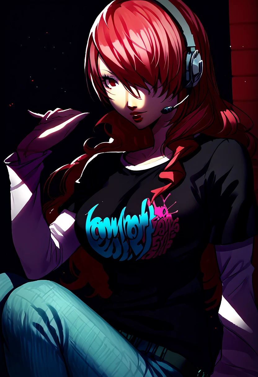 1 girl, lipstick, black t-shirt, clothes writing, layered sleeves, large breasts, jeans, Mitsuru Kirijo, red hair, red eyes, hair over one eye, headset