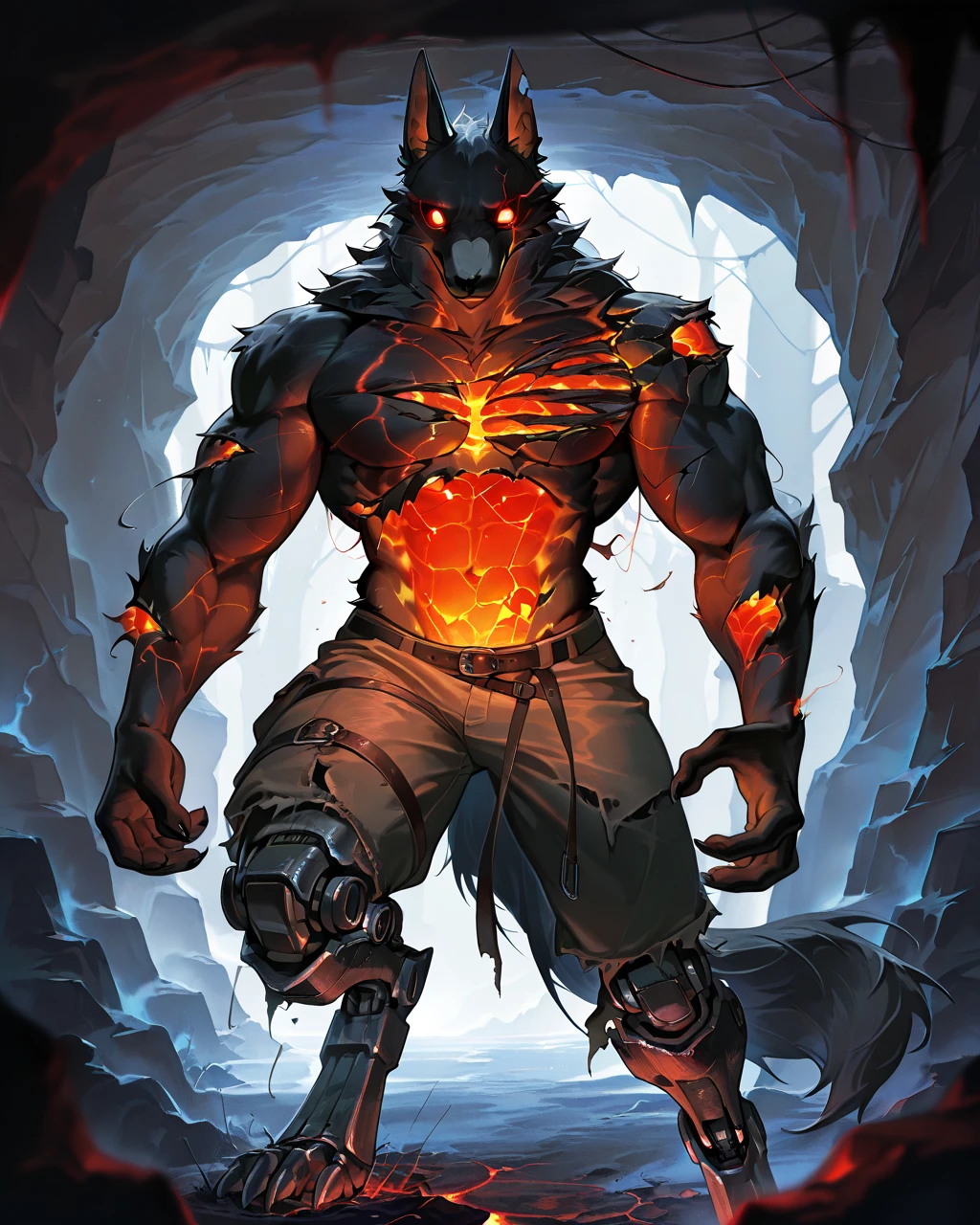 Best Quality, masterpiece, Ultra High Resolution, Detailed Background, (furry male), ( Black Cerberus furry ), metalic body, demonic, underground cave scenery, red glowing eyes, two pair of eyes, Anubis, muscle, (damaged belly:1.2, cracked arms:1.2), cracked chest, solo, male, infernal runes, with black fur, mechanical body, armored legs, perfect proportion, good anatomy, perfect anatomy