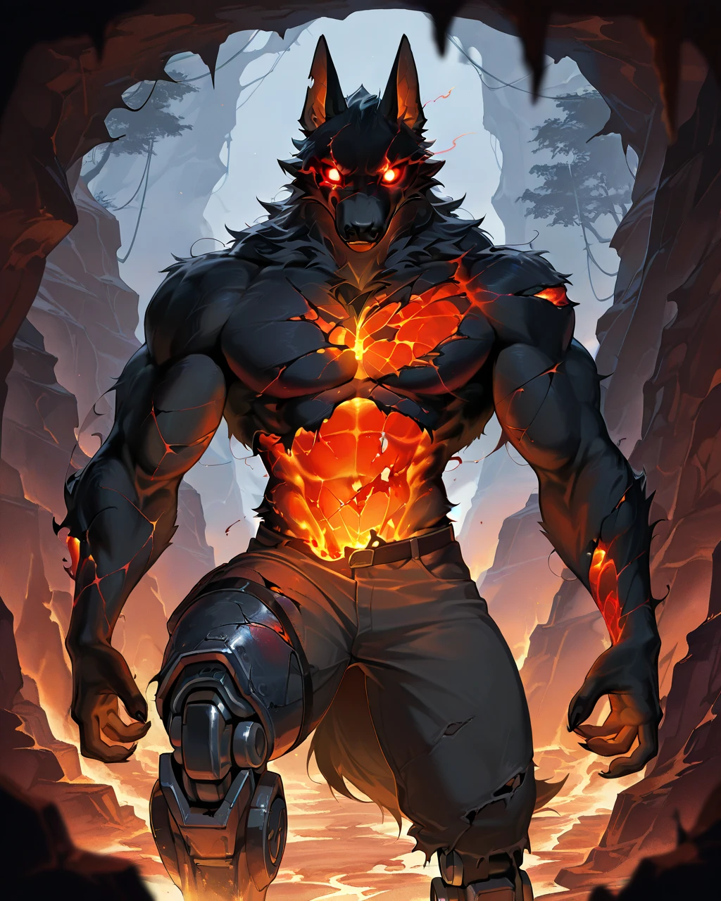 Best Quality, masterpiece, Ultra High Resolution, Detailed Background, (furry male), ( Black Cerberus furry ), metalic body, demonic, underground cave scenery, red glowing eyes, two pair of eyes, Anubis, muscle, (damaged belly:1.2, cracked arms:1.2), cracked chest, solo, male, infernal runes, with black fur, mechanical body, armored legs, perfect proportion, good anatomy, perfect anatomy