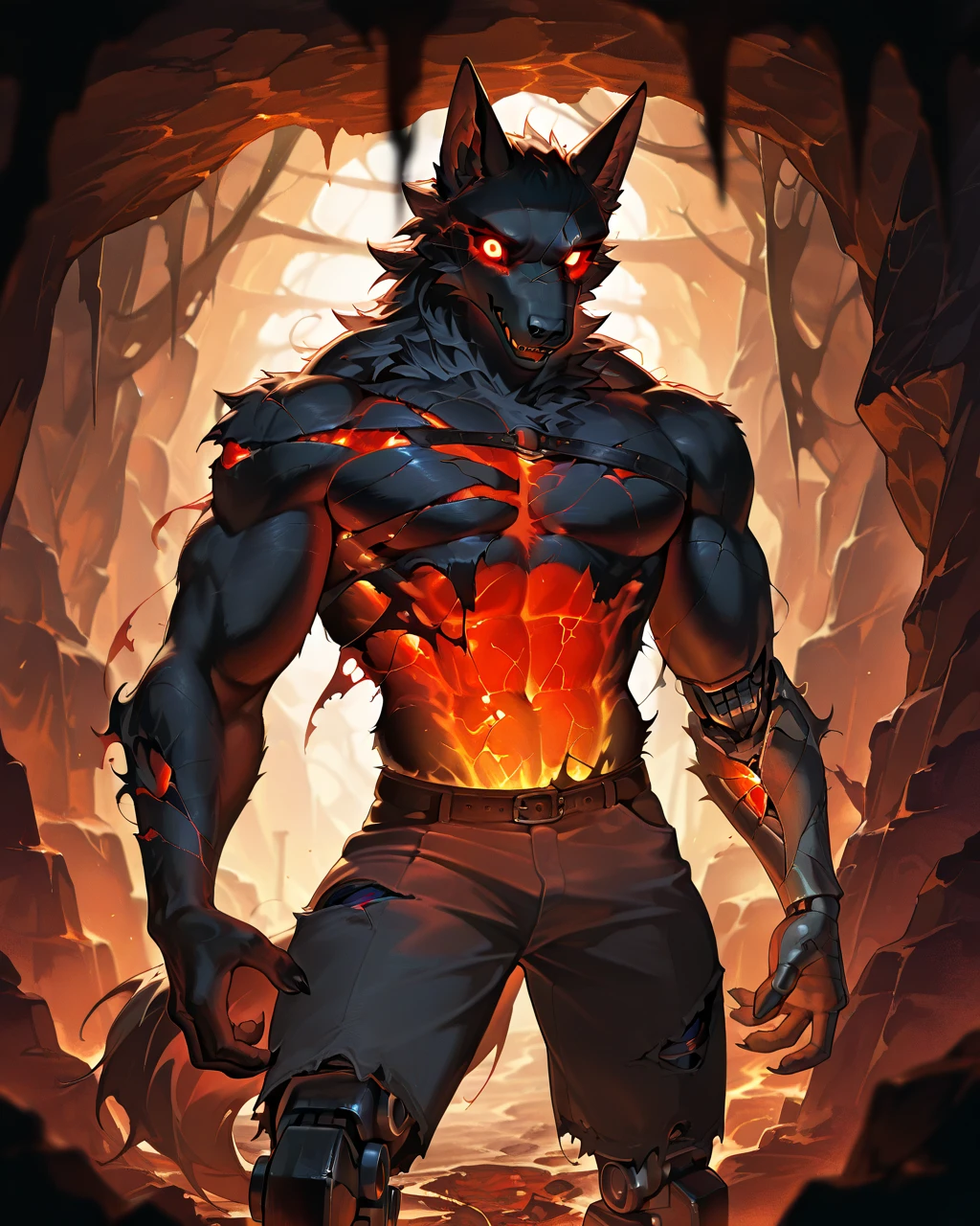 Best Quality, masterpiece, Ultra High Resolution, Detailed Background, (furry male), ( Black Cerberus furry ), metalic body, demonic, underground cave scenery, red glowing eyes, two pair of eyes, Anubis, muscle, (damaged belly:1.2, cracked arms:1.2), cracked chest, solo, male, infernal runes, with black fur, mechanical body, armored legs, perfect proportion, good anatomy, perfect anatomy