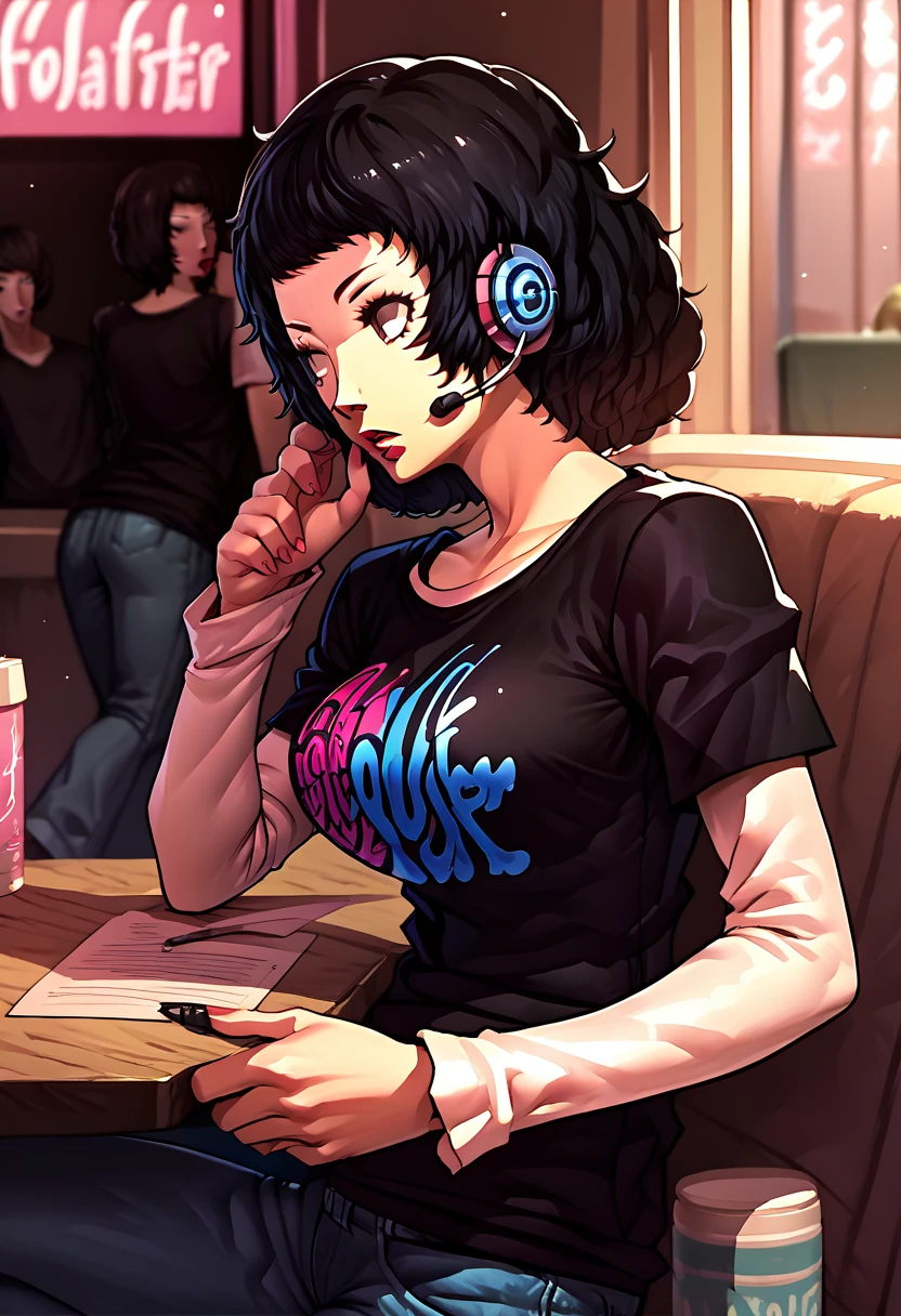 1 girl, lipstick, black t-shirt, clothes writing, layered sleeves, large breasts, jeans, Sadayo Kawakami, black hair, headset