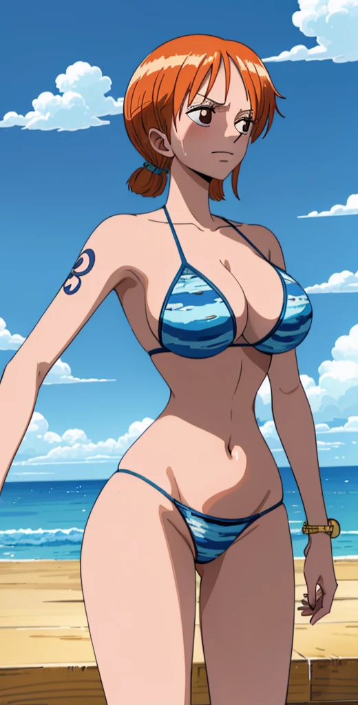 Nami, with her big breasts and beautiful legs, stands blushing in a silver bikini.。