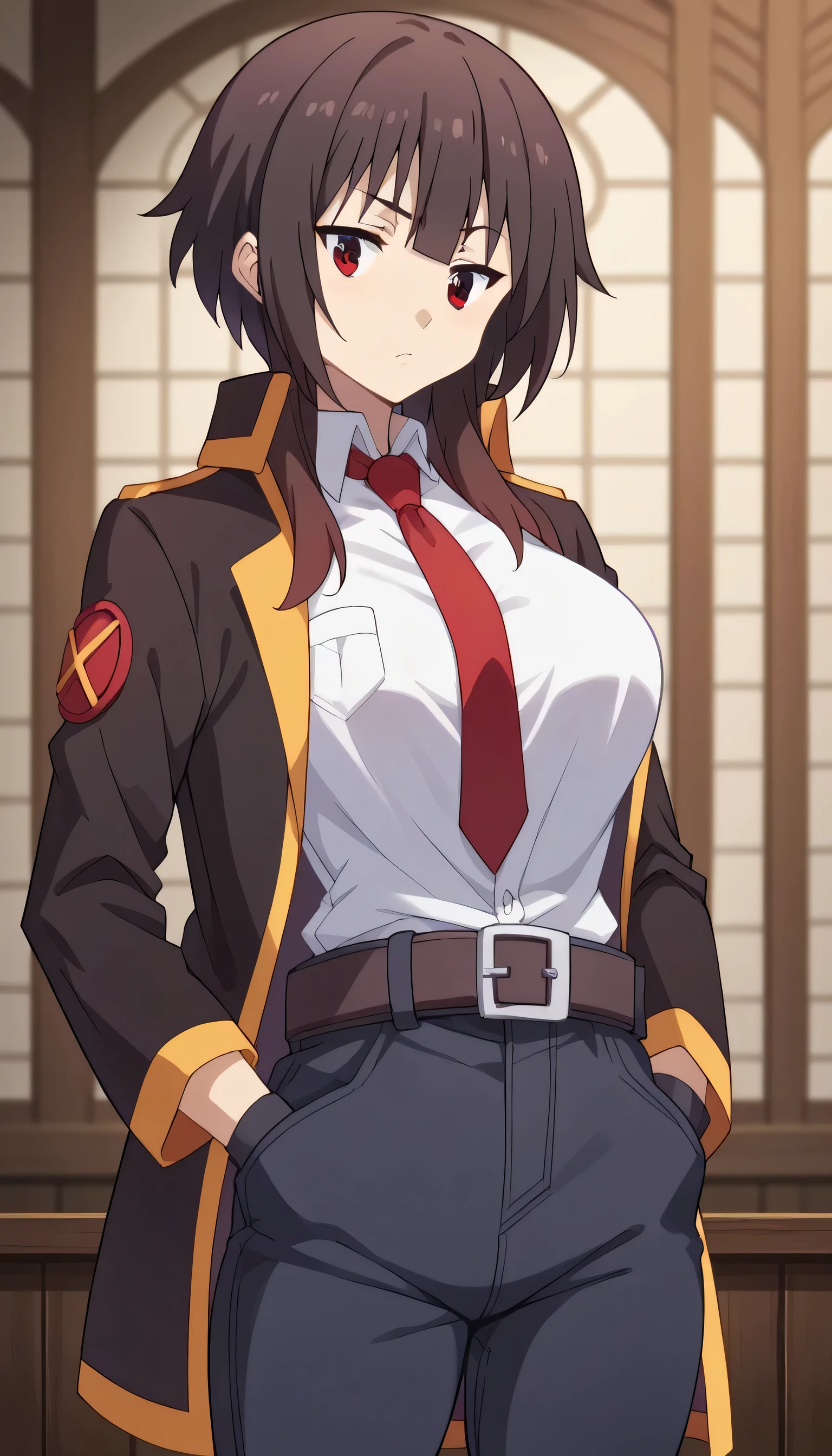 1girls, solo, female_focus, necktie, formal, gloves, suit, , adjusting_clothes, belt, hand_in_pocket, shirt,, , jacket, pants, long_sleeves,large breast,megumin, short hair, black hair, red eyes, short hair with long locks