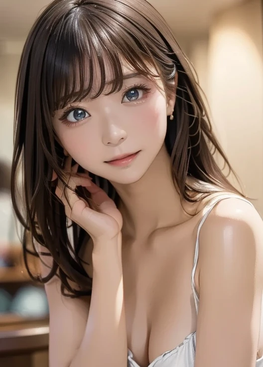 (8k,  super A high resolution,  top quality , masterpiece:1.2)、RAW PORTRAIT OF A GIRL 、 super A high resolution、 top quality 、 ( Busty 、 stick out your chest)、｛Hide the chest:1.35｝、(In town:1.2)、( natural skin texture 、 detailed skin、 hyperrealism、 Ultra Sharpness )、 intricate detail、 depth of writing、 sexy adult woman 、((​masterpiece、 top quality 、 high detail))、( Photorealistic:1.4)、solo、 close your mouth、 smile happily、 Big Eye、Strong mid-range shot from a clear double eyelid 、 eyelash 、Long neck、 absolute domain、Clean collarbone、perfect face、 thin lips、 small face、( lip gloss:1.1)、  YOUNG WOMAN BEHIND EXTRAORDINARY BEAUTY、 Super cute woman 、 Beautiful Legs