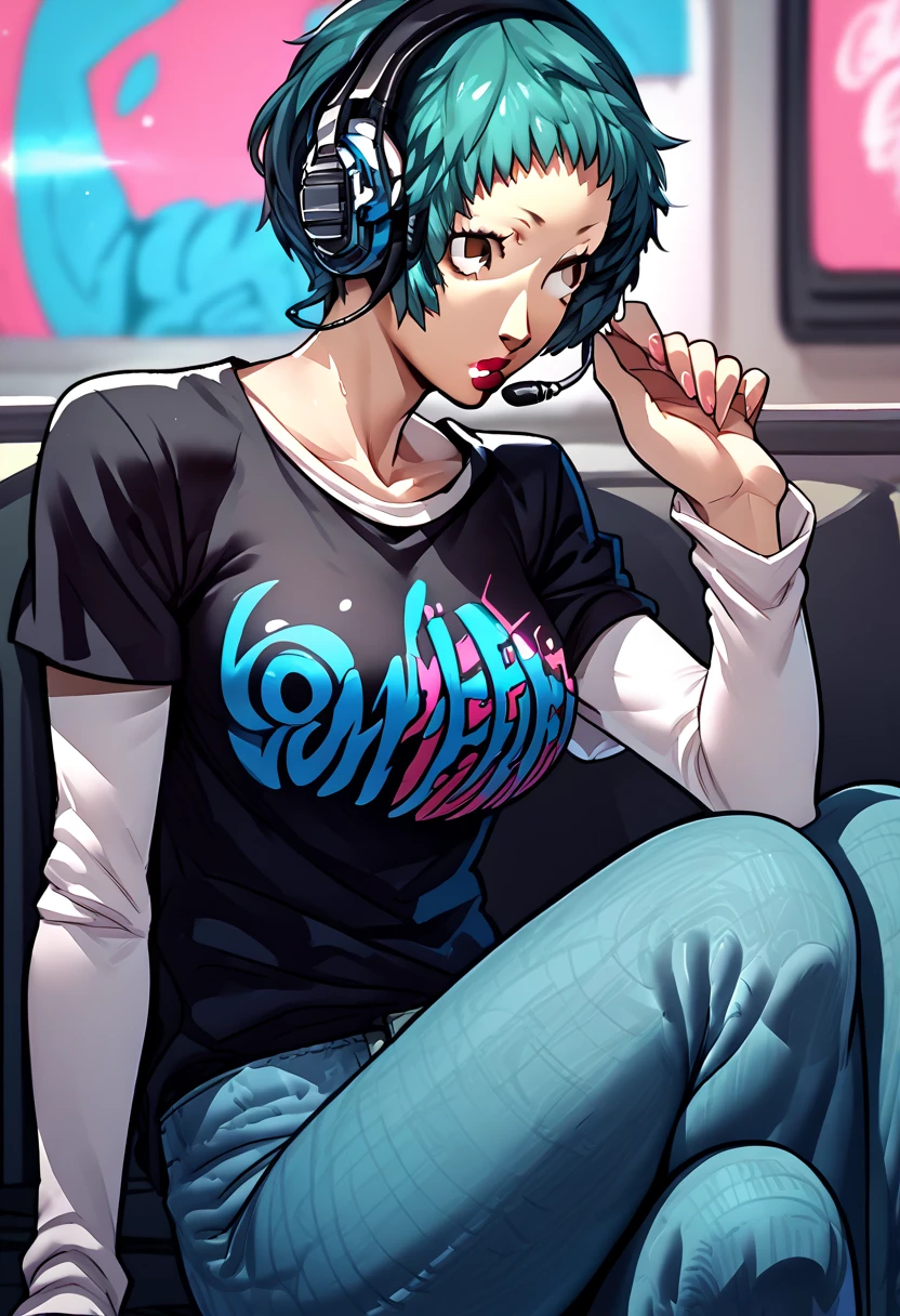 1 girl, headset, lipstick, black t-shirt, clothes writing, layered sleeves, large breasts, jeans, Fuuka Yamahishi, teal hair, brown eyes