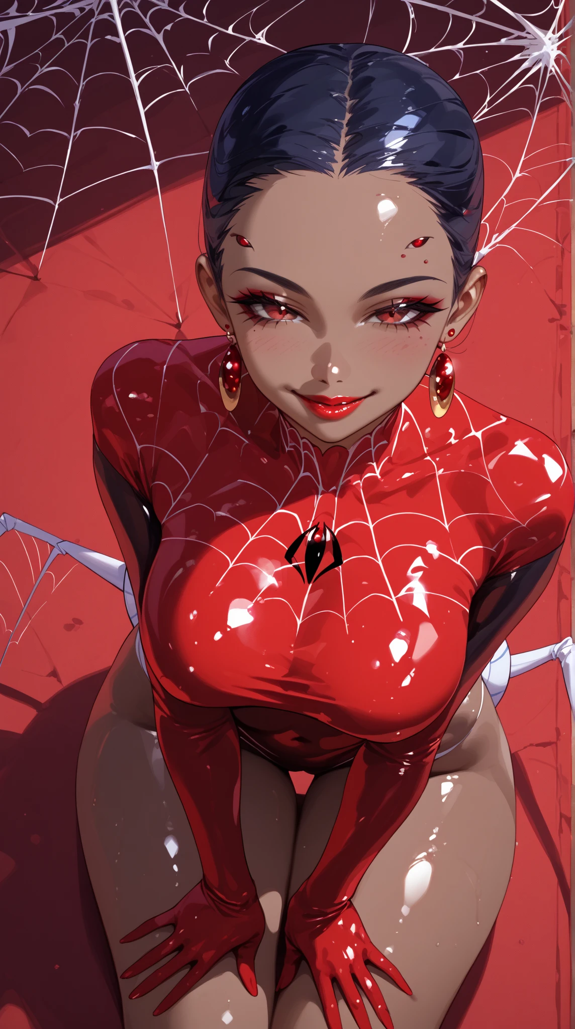 ( sexy girl :1.65),(  sexy body :1.4),(Greasy Dark Skin  :1.8),   one young beautiful woman with a nice background ,(masterpiece:1.3,  Top Quality  :1.3,  detailed depiction :1.3,   incredible high definition   :1.3, high quality anime illustration ),(Arachne:1.5,  shiny latex skin 、   girl with the upper half tied),(  red eyes, Vertical Painted Student ,   half-closed eye  :1.3, Huge ,  Seductive Smile , Shiny Lipstick ,  flashy makeup, Seductive Gestures , curvy body on the body,  High quality satin  ,), above o  legs, above o &#39;thread,  above o  webs ,(Arachne girl:1.5, Here and there ,  above o  legs:1.5)、( spider body :1.5  ), ( oily skin ,   beautiful female face )、The lower body is a spider's body 、 American big polis costume 