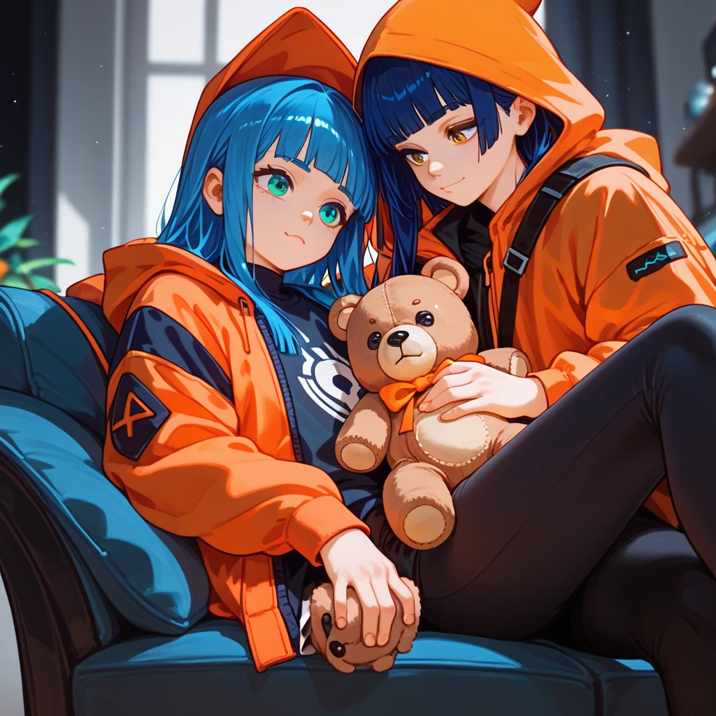 "A young boy with bright blue hair , hime cut , bright skin, and the soft expression , wearing future clothing. Orange hood .  The boy sitting.  The background is plain black , holding teddy bear , gives full focus to the character of the boy ."