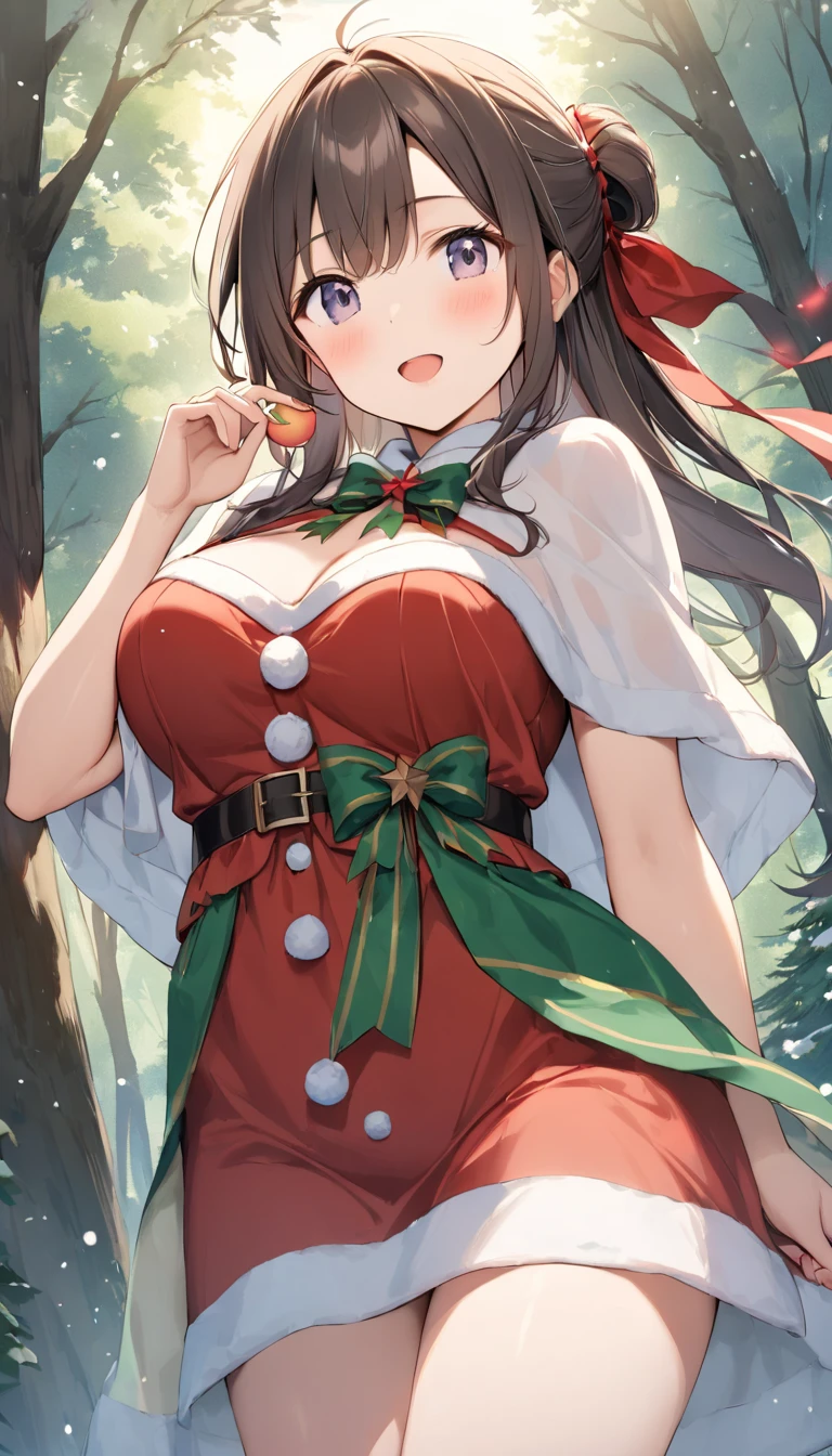 lipstick and a green velvet dress. She is surrounded by a winter forest with tall evergreen trees covered in snow. The sunlight filters through the branches, creating a magical, ethereal atmosphere. The woman is holding a small gift box in her hands and her eyes are filled with excitement and anticipation. The scene is captured in a stunning, high-resolution portrait format, with vibrant colors and intricate details. The lighting is soft and warm, enhancing the enchanting beauty of the woman and the surrounding landscape. The overall style of the image is a blend of realism and fantasy, with a touch of romanticism. Full body