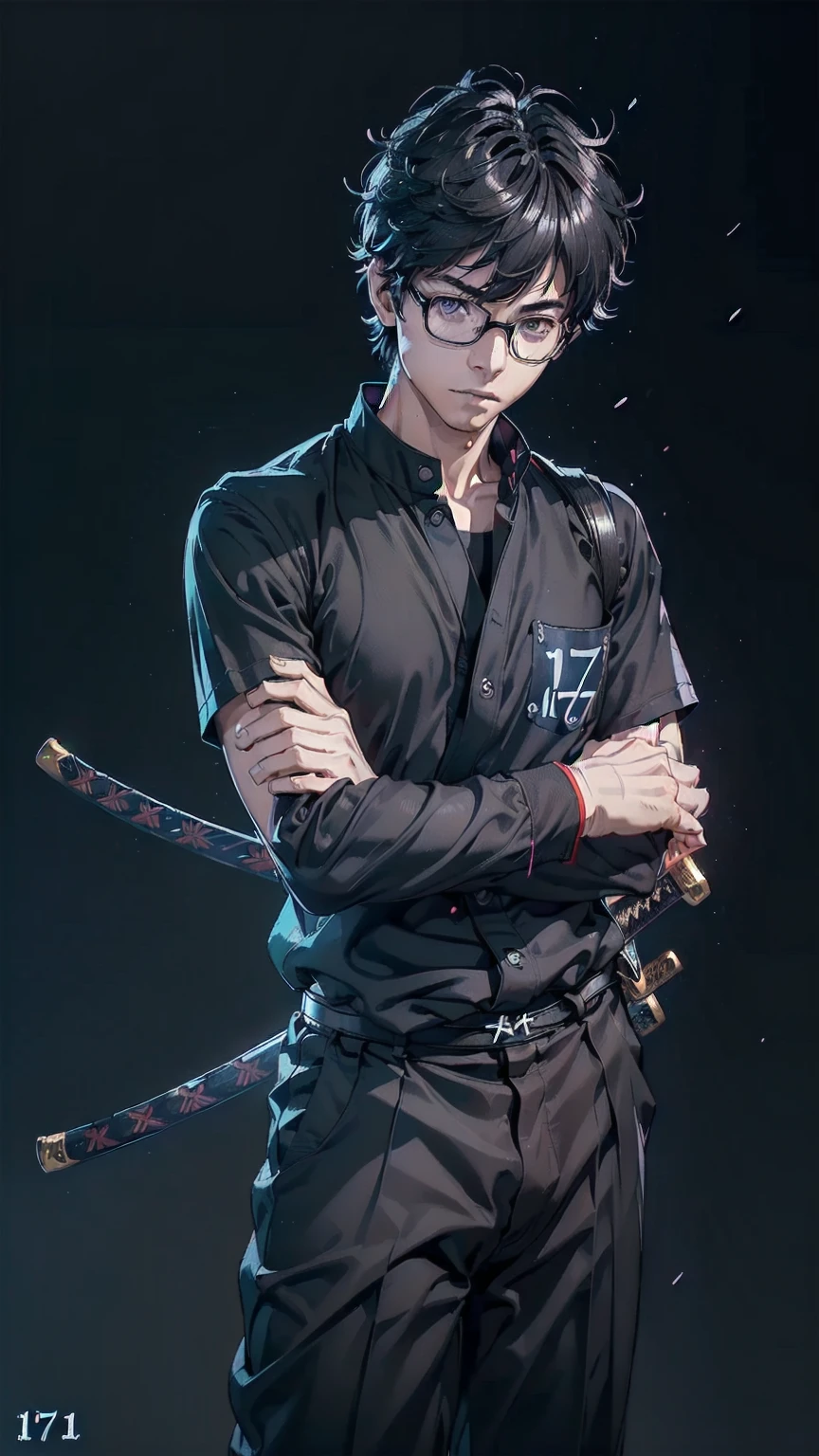 ((masterpiece:1.3)), ((best quality:1.5)), 1boy, solo, Amamiya Ren, glasses, ((tsume-eri gakuran boy japanese school uniform)), corridor, ((top quality, ultra-detailed, high resolution, extremely detailed CG, unity 8k wallpaper, by famous artist, perfect anatomy, super detailed skin, cinematic lighting, UHD, retina, anatomically correct, 1080P)), (Please draw a single one boy wielding a katana with no backgroun:1.3), ((1boy)), (Solo, face,-yeld:2. a high school student, ((full dark brown hair)) Full limbs, complete fingers, ((perfect fingers, perfect arms)), masculine, manly, small butt, Beautiful detailed full dark brown eyes, glasses, perfect eyes, (Detailed Lighting), (Detailed background), (in the school zone), full body view, standing, single guy (one guy), ((perfect natural fingers and hands)), ((front body view:1.5)), ((full katana:1.5)), ((one single perfect long shape katana:1.3)), ((The katana must be well drawn, from the tsuba to the saya)), ((completely black background with no backlight:1.5)), ((view from the front:1.5)), ((masculine)), ((showing the front of the body:1.5)), ((school unifrom navy shirt and pants)), ((Photo shot from the front:1.5)), ((perfect arms, hands and fingers:1.3)), ((full body from head to toe))