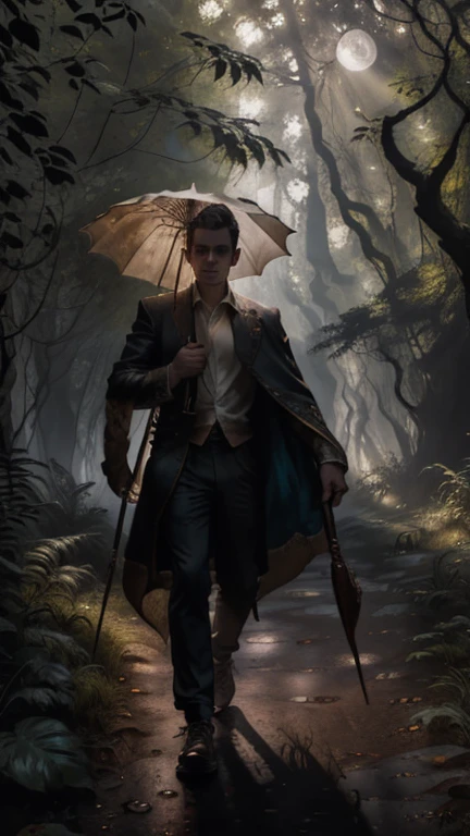 The scene begins with an overhead shot of a mysterious forest clearing, where a solitary man stands at its center. His sneakers press into the soft ground as dappled sunlight filters through the trees. He holds a parasol in one hand, his stance calm but purposeful, his silhouette framed by the interplay of light and shadow.

The camera slowly descends, circling him. Details become clearer: his determined expression, his lips slightly pursed, and strands of damp hair clinging to his forehead and cheeks. A faint glimmer catches on the edge of the parasol, adding an air of intrigue. As the camera closes in, the forest blurs into dark shapes, focusing entirely on him. 

The final frame captures his piercing eyes, illuminated by a sharp beam of moonlight, every detail of his face etched with intensity and quiet resolve. The moment feels charged, as if the clearing holds its breath.