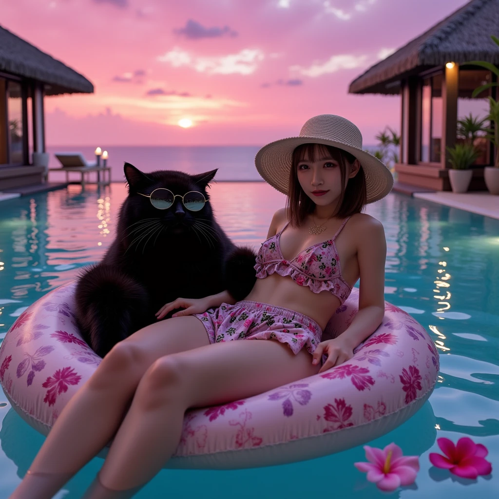 ultra-realistic, photorealistic, dramatic scene, shadow, global-illumination, solo, 1 girl\( 20 years old Japanese beautiful girl, beautiful with cute face, wearing a cute dot patterned bikini with frills, huge breasts, shoulder-length brown hair, accessories, elegant hat, sunglasses, closed eyes with smile\), 1 human-like giant black cat\( human-like giant black cat, wearing tropical patterned swimming trunks, slight taller than the girl, with her, sunglasses, little chubby\), the girl and human-like giant black cat are lying on the large float and floating on the pool in the luxury resort hotel in Maldives, gorgeous stylish furnishings, famous 5-star hotel, amazing view of the ocean with private beach, parasols, extremely beautiful sunset, purple and pink sky, (shoot from above), many beautiful tropical flowers are floating on the pool, candle,