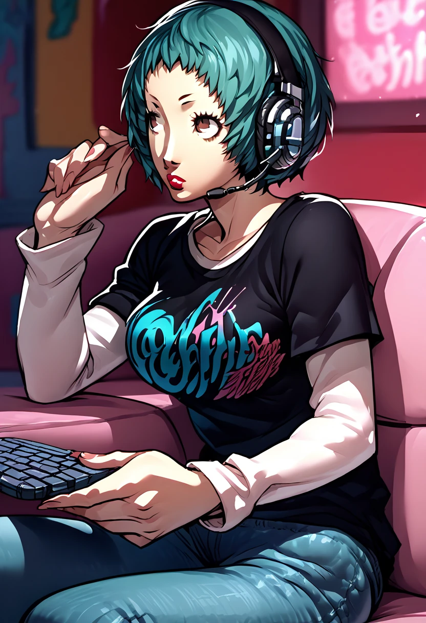 1 girl, headset, lipstick, black t-shirt, clothes writing, layered sleeves, large breasts, jeans, Fuuka Yamahishi, teal hair, brown eyes