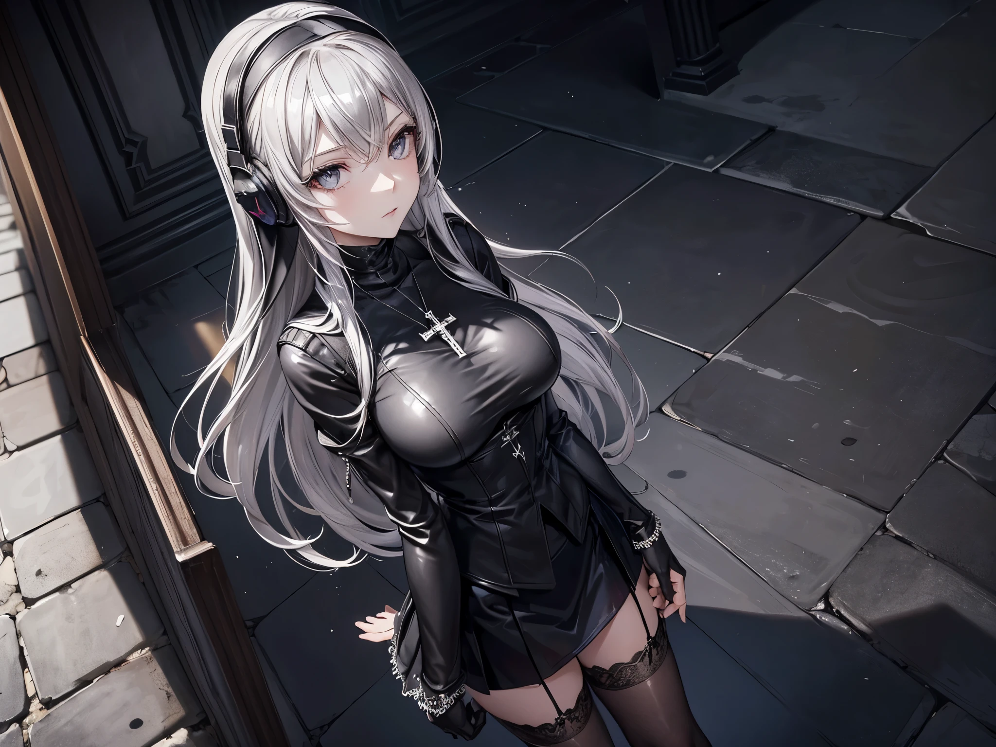 Photograph of the upper body of a beautiful woman, , big breasts, perfect body), Sharp focus, (plump body, mature woman), ((Looking ahead)), (Highly detailed skin, hair follicles:1.4,) (long hairstyle , white hair, Grey eyes) , (black crop top:1.47),(black leather skirts),(fur jacket),chain , Cross necklace , cross chain, city scenery , punk , night light , high quality ,cold expression, one leather gloves , biker style , cool , street wears , light sexy\