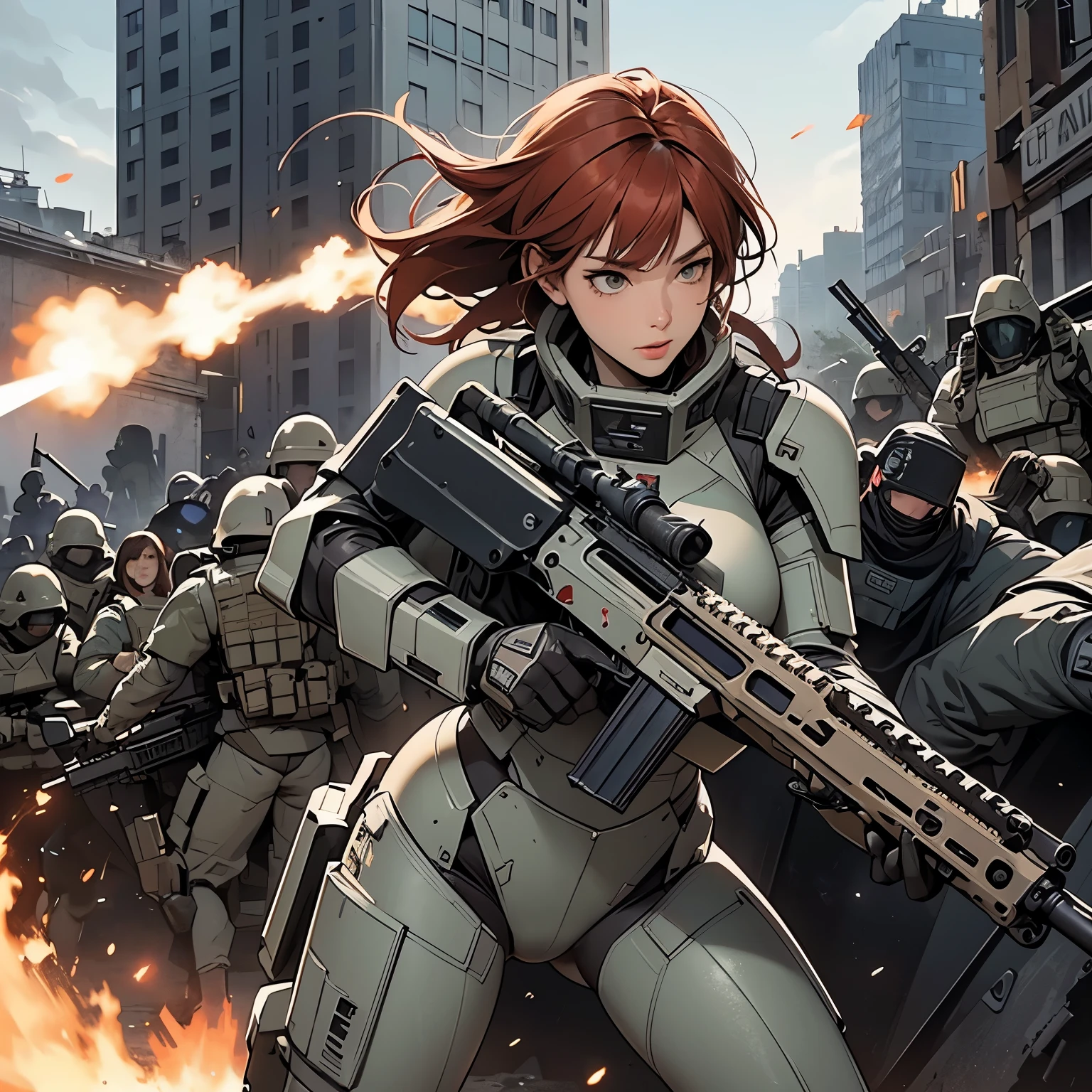 nsfw, anime screencap, 16K, perfect anatomy proportion body, action, A dynamic composition with a sense of speed and movement, (Hold an assault rifle:1.6), a wife, 40age, perfect beautiful delicate sexy face, perfect beautiful delicate slanted eyes, red hair, swept bangs long hair, medium breasts, abs, Camouflage-colored heavy armored steam engine full armor powered suit, Many heavily armored robot soldiers are engaged in a firefight in the background., Flying bullets, Ruined City Battlefield, war, Post-apocalyptic,