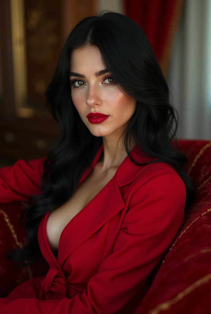 Slim Russian Instagram Model, clad in a very sexy phantasie outfit of vibrant colors, poses confidently with a captivating gaze towards the viewer. Her raven-black hair cascades down her shoulders in soft waves, framing her delicate features. Her full, slim body is on full display as she wears an off-shoulder top that reveals a hint of her toned midriff. Her expressive lips, painted boldly with red lipstick, add to her allure. The scene is captured in ultra-detailed, high-quality perfection with a lens having an f1.8 aperture and a very realistic rendering.