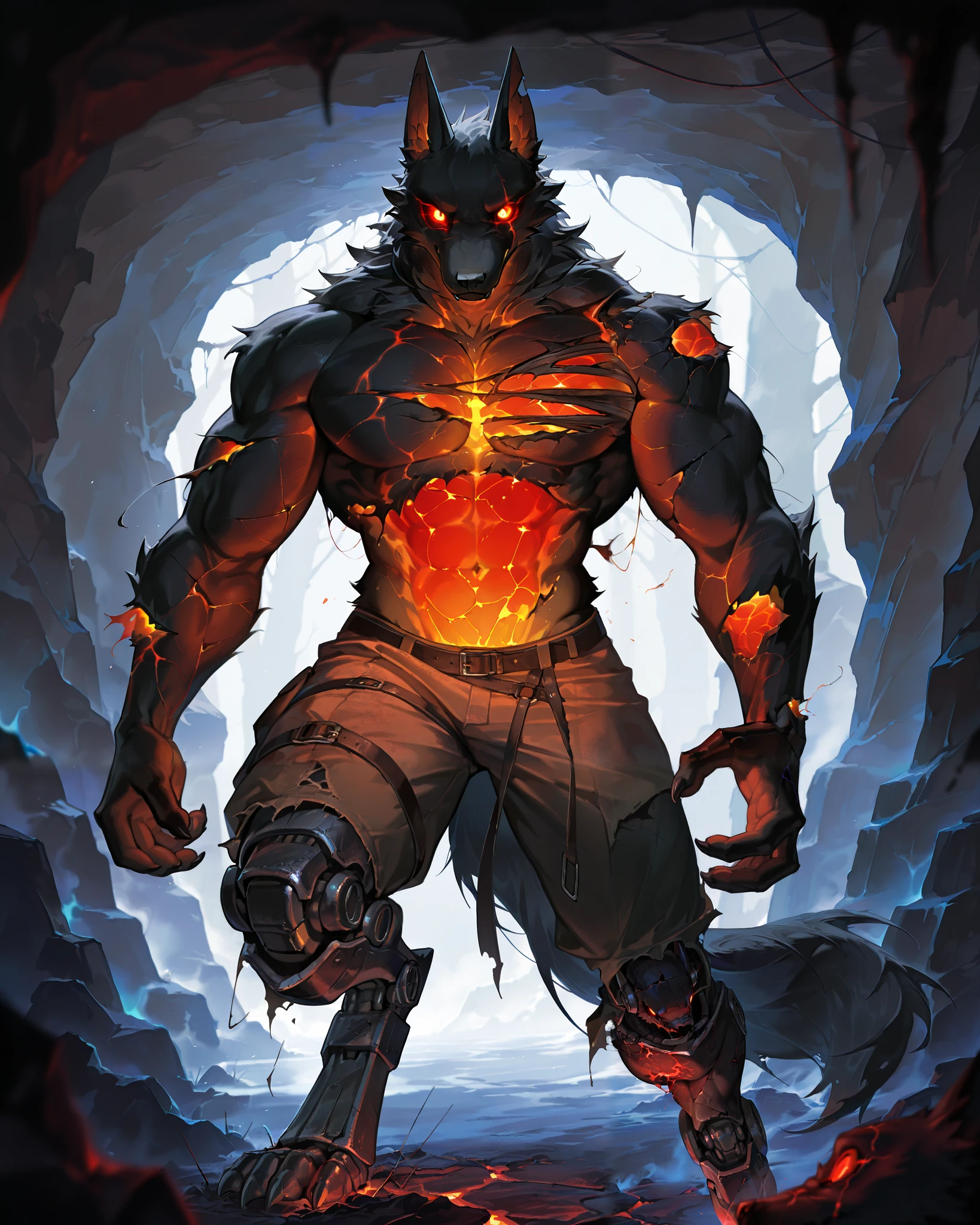 Best Quality, masterpiece, Ultra High Resolution, Detailed Background, (furry male), ( Black Cerberus furry ), metalic body, demonic, underground cave scenery, red glowing eyes, two pair of eyes, Anubis, muscle, (damaged belly:1.2, cracked arms:1.2), cracked chest, solo, male, infernal runes, with black fur, mechanical body, armored legs, perfect proportion, good anatomy, perfect anatomy