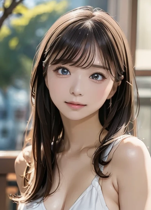 (8k,  super A high resolution,  top quality , masterpiece:1.2)、RAW PORTRAIT OF A GIRL 、 super A high resolution、 top quality 、 ( Busty 、 stick out your chest)、｛Hide the chest:1.35｝、(In town:1.2)、( natural skin texture 、 detailed skin、 hyperrealism、 Ultra Sharpness )、 intricate detail、 depth of writing、 sexy adult woman 、((​masterpiece、 top quality 、 high detail))、( Photorealistic:1.4)、solo、 close your mouth、 smile happily、 Big Eye、Strong mid-range shot from a clear double eyelid 、 eyelash 、Long neck、 absolute domain、Clean collarbone、perfect face、 thin lips、 small face、( lip gloss:1.1)、  Young Woman Behind Extraordinary Beauty、 Super cute woman 、 Beautiful Legs