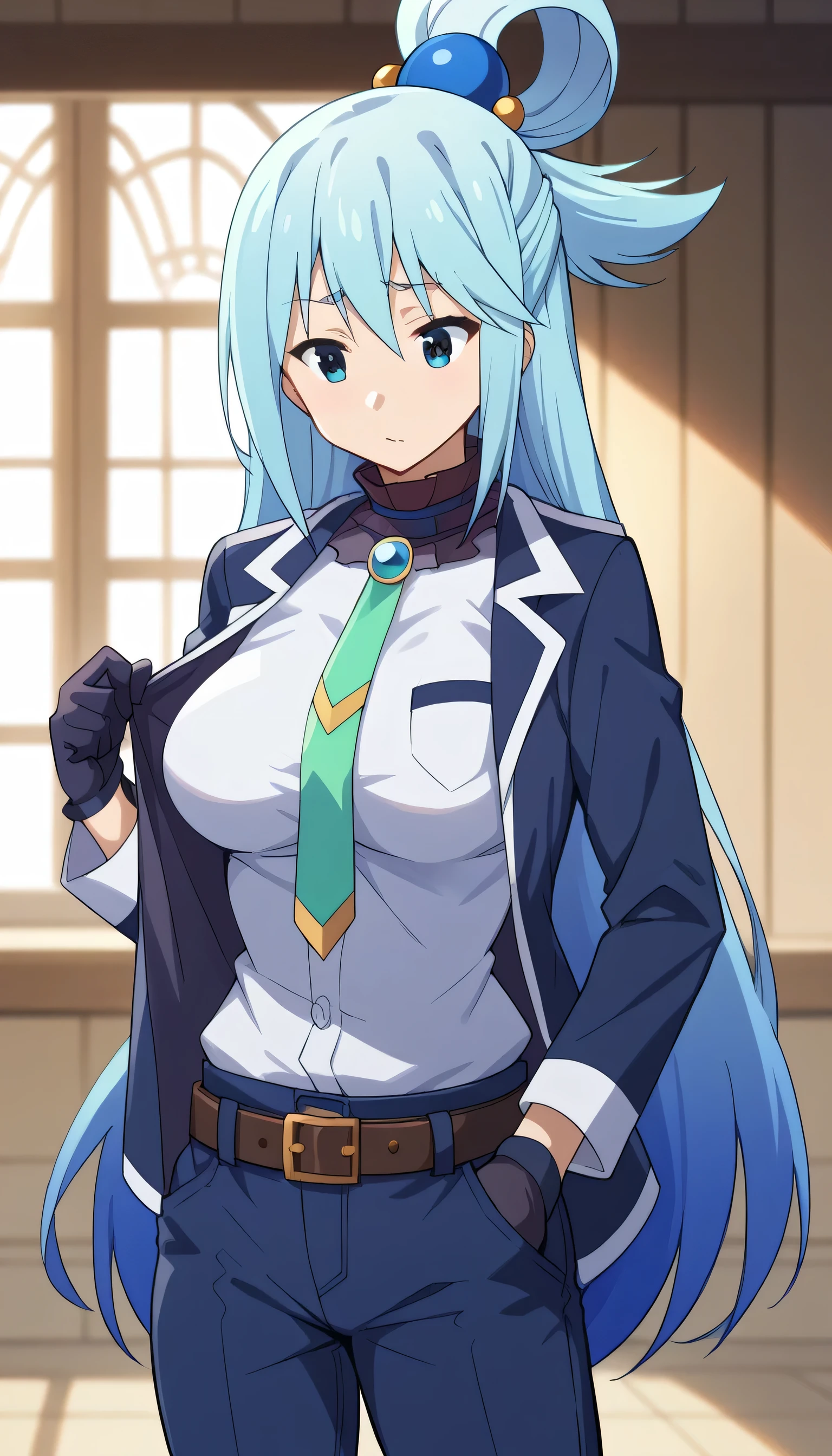 1girls, solo, female_focus, necktie, formal, gloves, suit, , adjusting_clothes, belt, hand_in_pocket, shirt,, , jacket, pants, long_sleeves,large breast,aqua \(konosuba\), blue eyes, very long hair, hair rings, hair bobbles, single hair ring, blue hair, hair ornament, long hair,