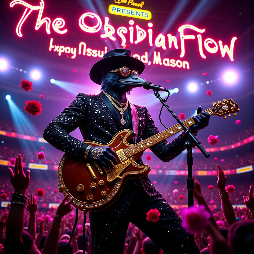 Stadium Blues Rock concert. The band "The Obsidian Flow Project" rocks the stage. A muscular and cool looking anthropomorphic crow is the lead singer and guitarist donned in an ornate black and gold shining suit made if diamonds, a black fedora, large diamond studded sunglasses and shining diamond jewelry. The jumbotrons shows the concert and reads "Happy New Year, MAB!". Large neon sign says "Club Pearl presents The Obsidian Flow Project". Plays on stage facing the crow. Camera flashes can be seen in the crowd. Obsidian dynamically plays his guitar while singing to a retro microphone. The crowd is theowing roses on stage at him. Dynamic Posing, High Resolution, Masterpiece, Award Winning, Super Detailed, Cinematic, Cinematography, Hyperrealism, Depth Of Field, Image Fill. 