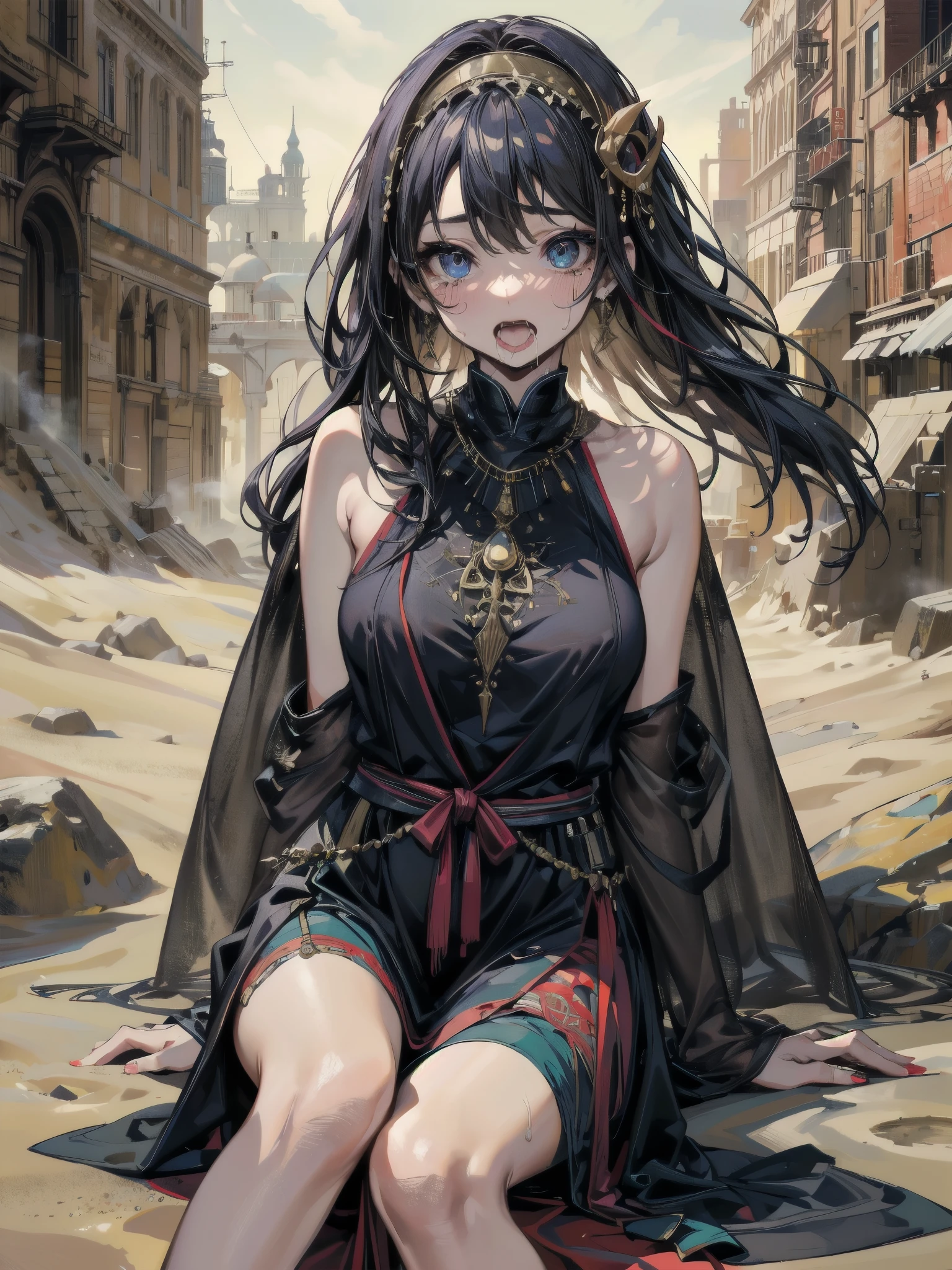 name: "Dark Sovereign"
material: digital graphics Size: 50x70 cm Idea: This anime art depicts the dark ruler, sitting on a throne in her domain. Her black hair falls in wavy curls down her back., and blue eyes shine with power and confidence. She sits on the throne in a cool pose, one leg crossed over the other, and your hands are confidently placed on the armrests. In her gaze you can see a mixture of composure and authority, and the background, probably, represents dark and gloomy landscapes, reflecting her power and strength.