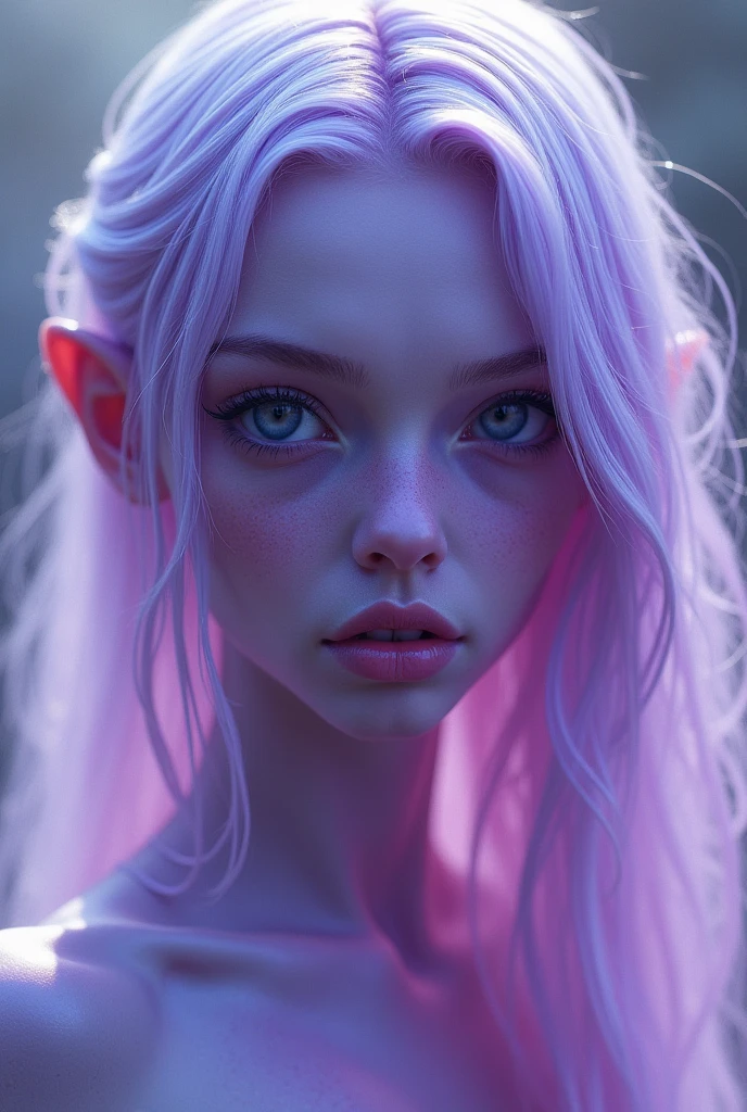 An avatar-like species, with purple skin, albino blonde hair and elf ears.