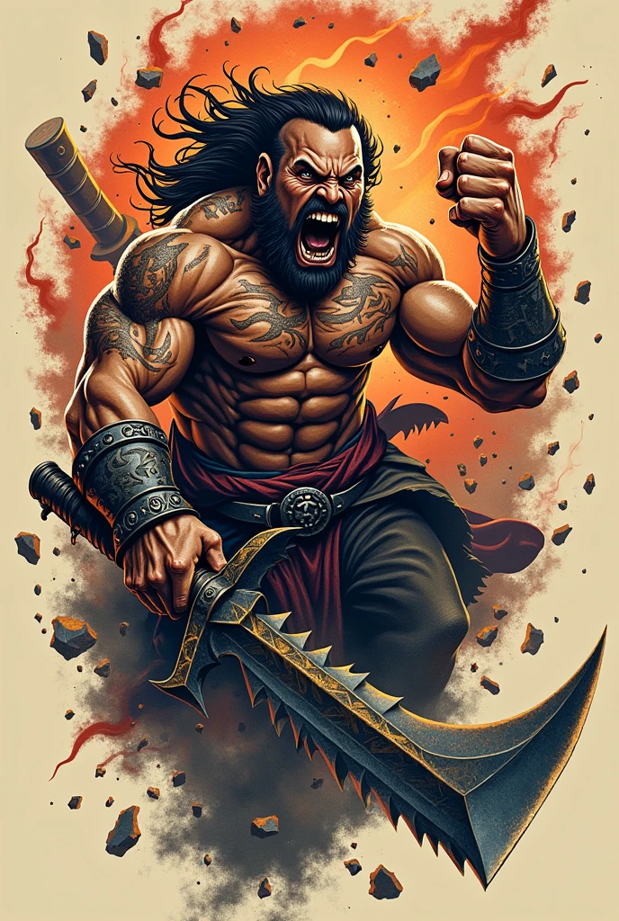 A man riding a fiery qilin, holding high a large machete, reddish eyes
