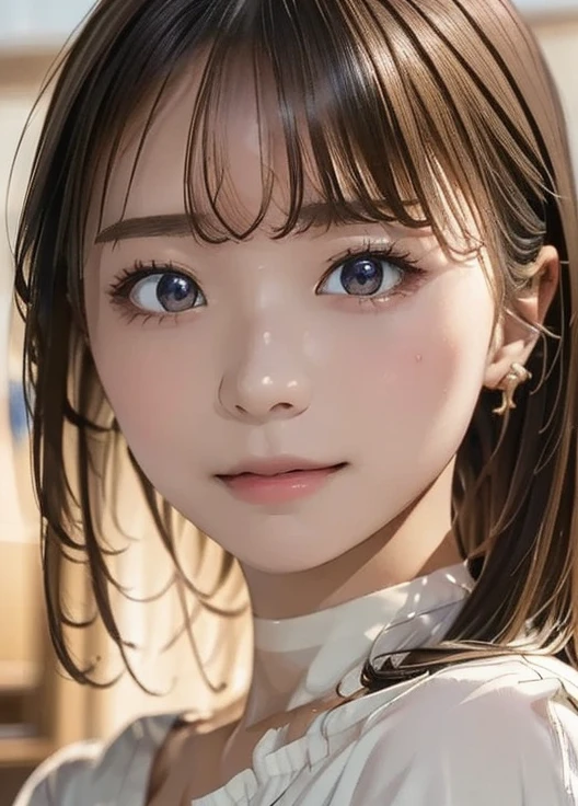 (8k,  super A high resolution,  top quality , masterpiece:1.2)、RAW PORTRAIT OF A GIRL 、 super A high resolution、 top quality 、 ( Busty 、 stick out your chest)、｛Hide the chest:1.35｝、(In town:1.2)、( natural skin texture 、 detailed skin、 hyperrealism、 Ultra Sharpness )、 intricate detail、 depth of writing、 sexy adult woman 、((​masterpiece、 top quality 、 high detail))、( Photorealistic:1.4)、solo、 close your mouth、 smile happily、 Big Eye、Strong mid-range shot from a clear double eyelid 、 eyelash 、Long neck、 absolute domain、Clean collarbone、perfect face、 thin lips、 small face、( lip gloss:1.1)、  Young Woman Behind Extraordinary Beauty、 Super cute woman 、 Beautiful Legs