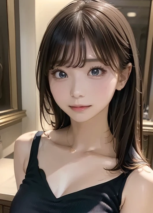 (8k,  super A high resolution,  top quality , masterpiece:1.2)、RAW PORTRAIT OF A GIRL 、 super A high resolution、 top quality 、 ( Busty 、 stick out your chest)、｛Hide the chest:1.35｝、(In town:1.2)、( natural skin texture 、 detailed skin、 hyperrealism、 Ultra Sharpness )、 intricate detail、 depth of writing、 sexy adult woman 、((​masterpiece、 top quality 、 high detail))、( Photorealistic:1.4)、solo、 close your mouth、 smile happily、 Big Eye、Strong mid-range shot from a clear double eyelid 、 eyelash 、Long neck、 absolute domain、Clean collarbone、perfect face、 thin lips、 small face、( lip gloss:1.1)、  Young Woman Behind Extraordinary Beauty、 Super cute woman 、 Beautiful Legs