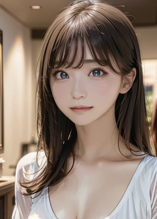 (8k,  super A high resolution,  top quality , masterpiece:1.2)、RAW PORTRAIT OF A GIRL 、 super A high resolution、 top quality 、 ( Busty 、 stick out your chest)、｛Hide the chest:1.35｝、(In town:1.2)、( natural skin texture 、 detailed skin、 hyperrealism、 Ultra Sharpness )、 intricate detail、 depth of writing、 sexy adult woman 、((​masterpiece、 top quality 、 high detail))、( Photorealistic:1.4)、solo、 close your mouth、 smile happily、 Big Eye、Strong mid-range shot from a clear double eyelid 、 eyelash 、Long neck、 absolute domain、Clean collarbone、perfect face、 thin lips、 small face、( lip gloss:1.1)、  Young Woman Behind Extraordinary Beauty、 Super cute woman 、 Beautiful Legs