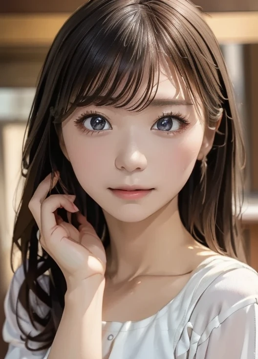 (8k,  super A high resolution,  top quality , masterpiece:1.2)、RAW PORTRAIT OF A GIRL 、 super A high resolution、 top quality 、 ( Busty 、 stick out your chest)、｛Hide the chest:1.35｝、(In town:1.2)、( natural skin texture 、 detailed skin、 hyperrealism、 Ultra Sharpness )、 intricate detail、 depth of writing、 sexy adult woman 、((​masterpiece、 top quality 、 high detail))、( Photorealistic:1.4)、solo、 close your mouth、 smile happily、 Big Eye、Strong mid-range shot from a clear double eyelid 、 eyelash 、Long neck、 absolute domain、Clean collarbone、perfect face、 thin lips、 small face、( lip gloss:1.1)、  Young Woman Behind Extraordinary Beauty、 Super cute woman 、 Beautiful Legs