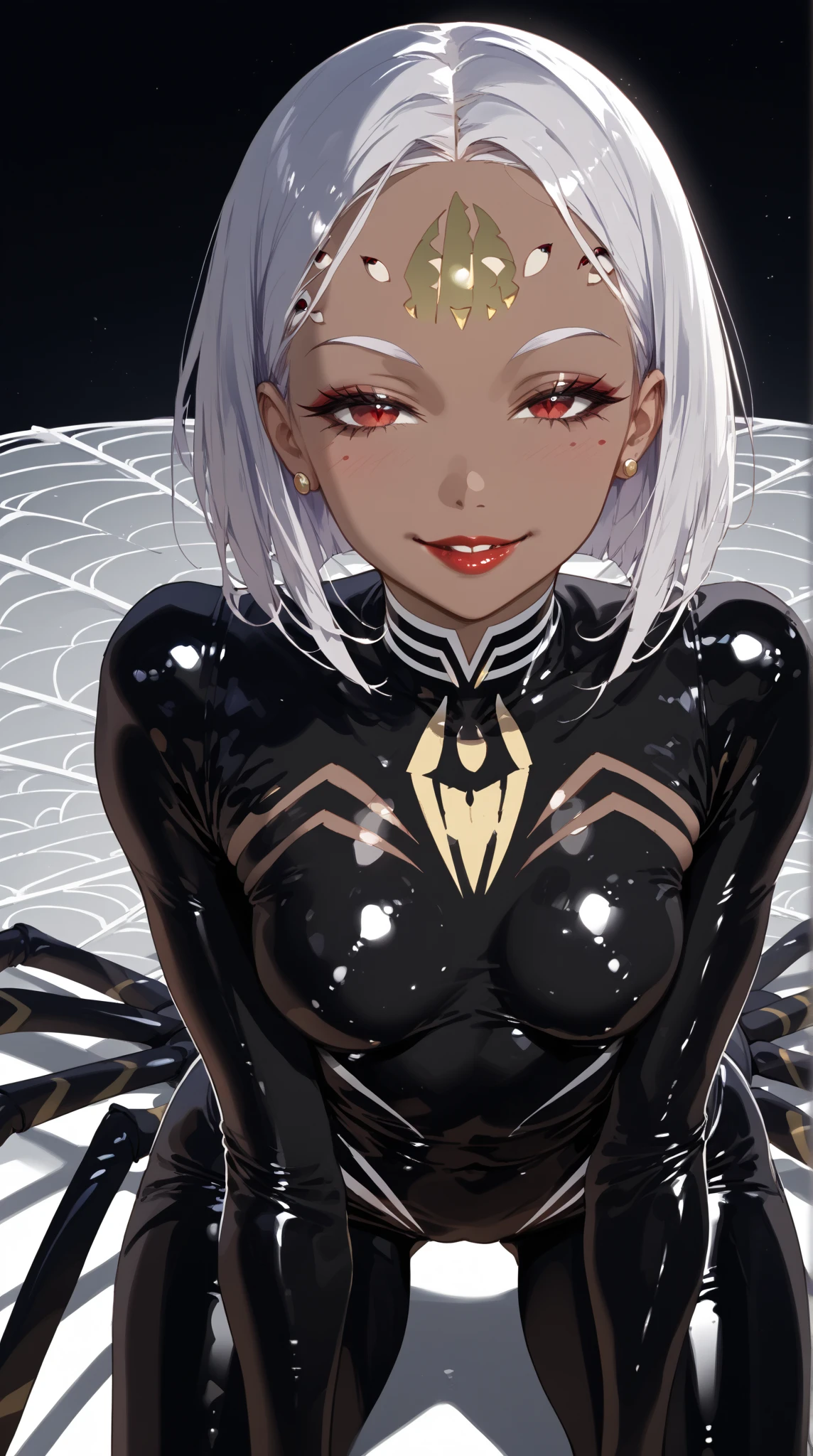 ( sexy girl :1.65),(  sexy body :1.4),(Greasy Dark Skin  :1.8),   one young beautiful woman with a nice background ,(masterpiece:1.3,  Top Quality :1.3,  detailed depiction :1.3,   incredible high definition   :1.3, high quality anime illustration ),(Arachne:1.5,  shiny latex skin 、   girl with the upper half tied),(  red eyes, Vertical Painted Student ,   half-closed eye  :1.3, Huge ,  Seductive Smile , Shiny Lipstick ,  flashy makeup, Seductive Gestures , curvy body on the body,  High quality satin  ,), above o  legs, above o &#39;thread,  above o  webs ,(Arachne girl:1.5, Here and there ,  above o  legs:1.5)、( spider body :1.5  ), ( oily skin ,   beautiful female face )、The lower body is a spider's body 、 American big polis costume 