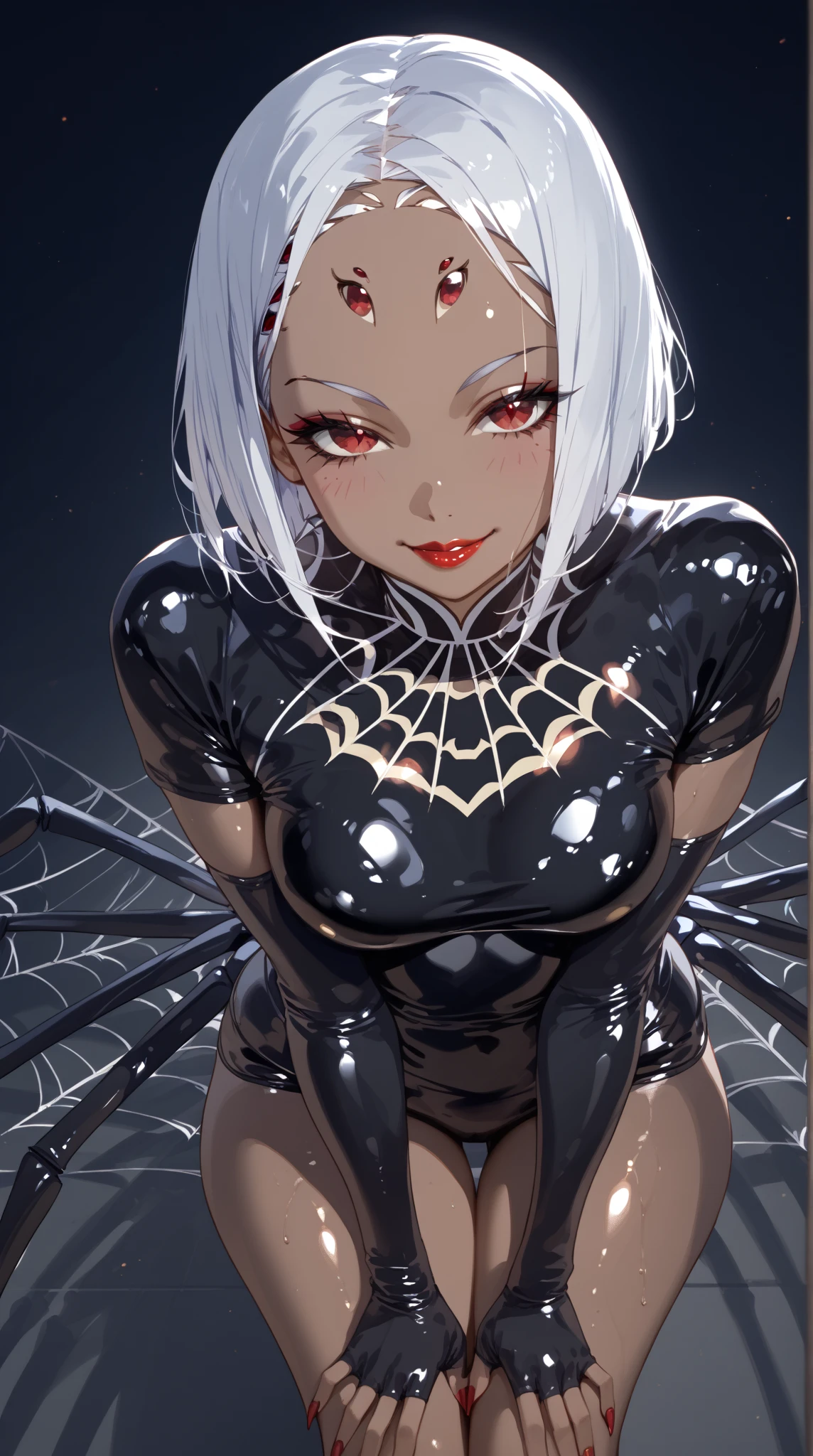 ( sexy girl :1.65),(  sexy body :1.4),(Greasy Dark Skin  :1.8),   one young beautiful woman with a nice background ,(masterpiece:1.3,  Top Quality :1.3,  detailed depiction :1.3,   incredible high definition   :1.3, high quality anime illustration ),(Arachne:1.5,  shiny latex skin 、   girl with the upper half tied),(  red eyes, Vertical Painted Student ,   half-closed eye  :1.3, Huge ,  Seductive Smile , Shiny Lipstick ,  flashy makeup, Seductive Gestures , curvy body on the body,  High quality satin  ,), above o  legs, above o &#39;thread,  above o  webs ,(Arachne girl:1.5, Here and there ,  above o  legs:1.5)、( spider body :1.5  ), ( oily skin ,   beautiful female face )、The lower body is a spider's body 、 American big polis costume 