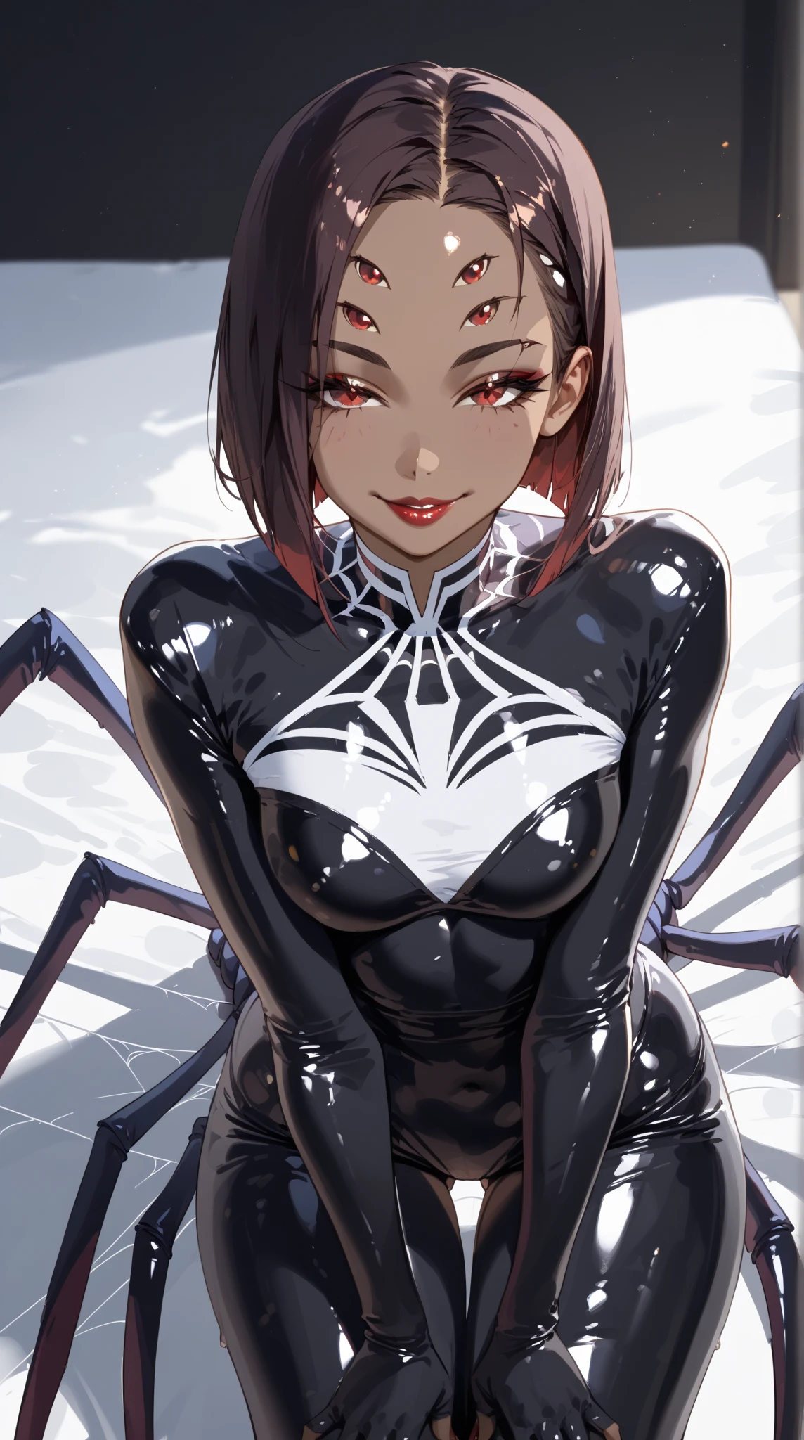 ( sexy girl :1.65),(  sexy body :1.4),(Greasy Dark Skin  :1.8),   one young beautiful woman with a nice background ,(masterpiece:1.3,  Top Quality :1.3,  detailed depiction :1.3,   incredible high definition   :1.3, high quality anime illustration ),(Arachne:1.5,  shiny latex skin 、   girl with the upper half tied),(  red eyes, Vertical Painted Student ,   half-closed eye  :1.3, Huge ,  Seductive Smile , Shiny Lipstick ,  flashy makeup, Seductive Gestures , curvy body on the body,  High quality satin  ,), above o  legs, above o &#39;thread,  above o  webs ,(Arachne girl:1.5, Here and there ,  above o  legs:1.5)、( spider body :1.5  ), ( oily skin ,   beautiful female face )、The lower body is a spider's body 、 American big polis costume 