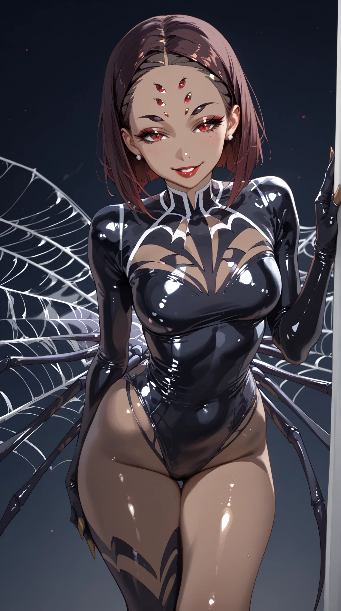 ( sexy girl :1.65),(  sexy body :1.4),(Greasy Dark Skin  :1.8),   one young beautiful woman with a nice background ,(masterpiece:1.3,  Top Quality :1.3,  detailed depiction :1.3,   incredible high definition   :1.3, high quality anime illustration ),(Arachne:1.5,  shiny latex skin 、   girl with the upper half tied),(  red eyes, Vertical Painted Student ,   half-closed eye  :1.3, Huge ,  Seductive Smile , Shiny Lipstick ,  flashy makeup, Seductive Gestures , curvy body on the body,  High quality satin  ,), above o  legs, above o &#39;thread,  above o  webs ,(Arachne girl:1.5, Here and there ,  above o  legs:1.5)、( spider body :1.5  ), ( oily skin ,   beautiful female face )、The lower body is a spider's body 、 American big polis costume 