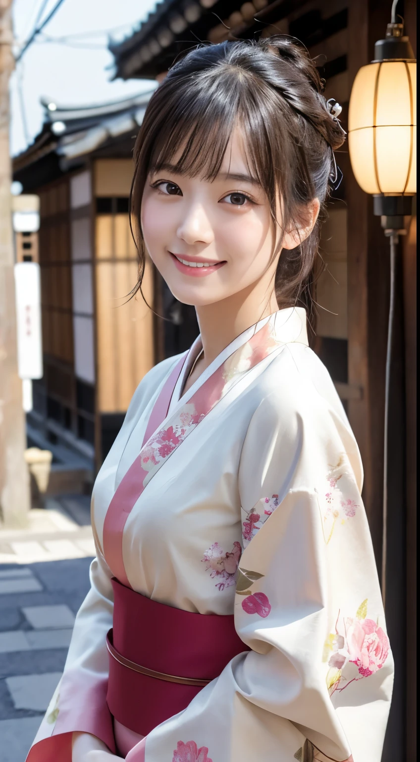 Professional Lighting,(Photorealistic:1.4), (Top image quality:1.0), (超A high resolution:1.0), 8k, Raw photography, (masterpiece:0.2), (Facing the children_v1:0.5)、(最高quality Detail:1.2)、Realistic、8K Ultra HD、High resolution、(1 girl:1.2)、超detailedな、High quality textures、複雑なdetailed、detailed、Very detailed CG、High quality shadows、detailed 美しく繊細な顔、Beautiful details and a delicate eye、(Symmetrical eyes:1.2),Written boundary depth、Ray Tracing,1 girl, Japanese Girls, (Natural smile:1.4),cute, thin, Portrait of a beautiful Japanese woman in a kimono, Standing elegantly on a street corner in Kyoto. Kimono with vibrant traditional patterns, Hair decorated with elegant and delicate hairpins, Gentle expression. (With the old streets of Kyoto in the background:1.4)、The soft light of a spring afternoon、Adding tranquility to the scene. Rendered in a Realistic style with great attention to detail, High resolutionの画像.Sky Porn, Magic Hour, (Realistic:1.3), finely, quality, (Tabletop:1.2), (Realistic:1.2), (最高quality), (複雑なdetailed), dramatic, Ray Tracing, photograph, +roller