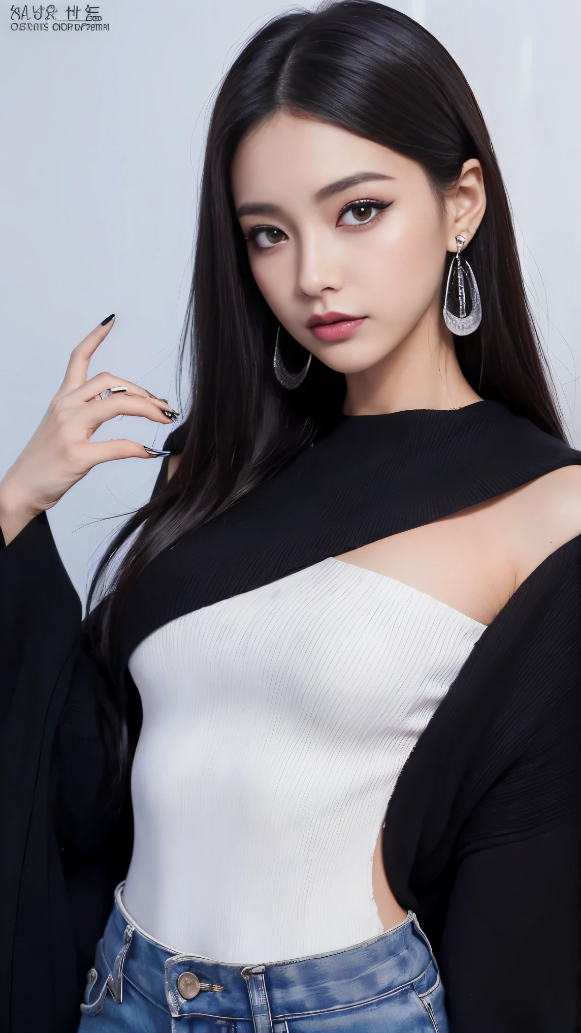 1 girl, long wavy black hair, standing against wall, hand on chest, taking selfie, pink off-the-shoulder V-neck sweater, sensual and elegant, (best quality,4k,8k,highres,masterpiece:1.2),ultra-detailed,(realistic,photorealistic,photo-realistic:1.37),HDR,studio lighting,extremely detailed face and eyes,detailed facial features, beautiful detailed eyes,beautiful detailed lips,extremely detailed eyes and face,longeyelashes