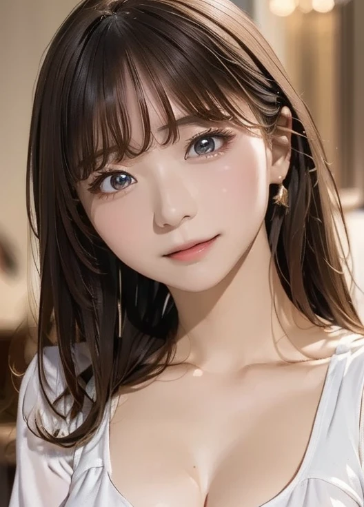 (8k,  super A high resolution,  top quality , masterpiece:1.2)、RAW PORTRAIT OF A GIRL 、 super A high resolution、 top quality 、 ( Busty 、 stick out your chest)、｛Hide the chest:1.35｝、(In town:1.2)、( natural skin texture 、 detailed skin、 hyperrealism、 Ultra Sharpness )、 intricate detail、 depth of writing、 sexy adult woman 、((​masterpiece、 top quality 、 high detail))、( Photorealistic:1.4)、solo、 close your mouth、 smile happily、 Big Eye、Strong mid-range shot from a clear double eyelid 、 eyelash 、Long neck、 absolute domain、Clean collarbone、perfect face、 thin lips、 small face、( lip gloss:1.1)、  Young Woman Behind Extraordinary Beauty、 Super cute woman 、 Beautiful Legs