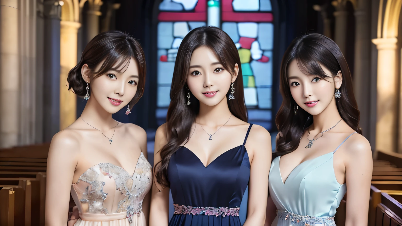 standing side by side in front of an anatomically correct 5-finger top quality (((3 beautiful Korean women ))) earrings for women with first name thin due to small things necklace Big Breasts color々Hairstyle 髪color ((( trio of good friends))) ((( Evening Dress))) (((Standing in the church))) cute charming smile Sensual body upper body upper-body photo
