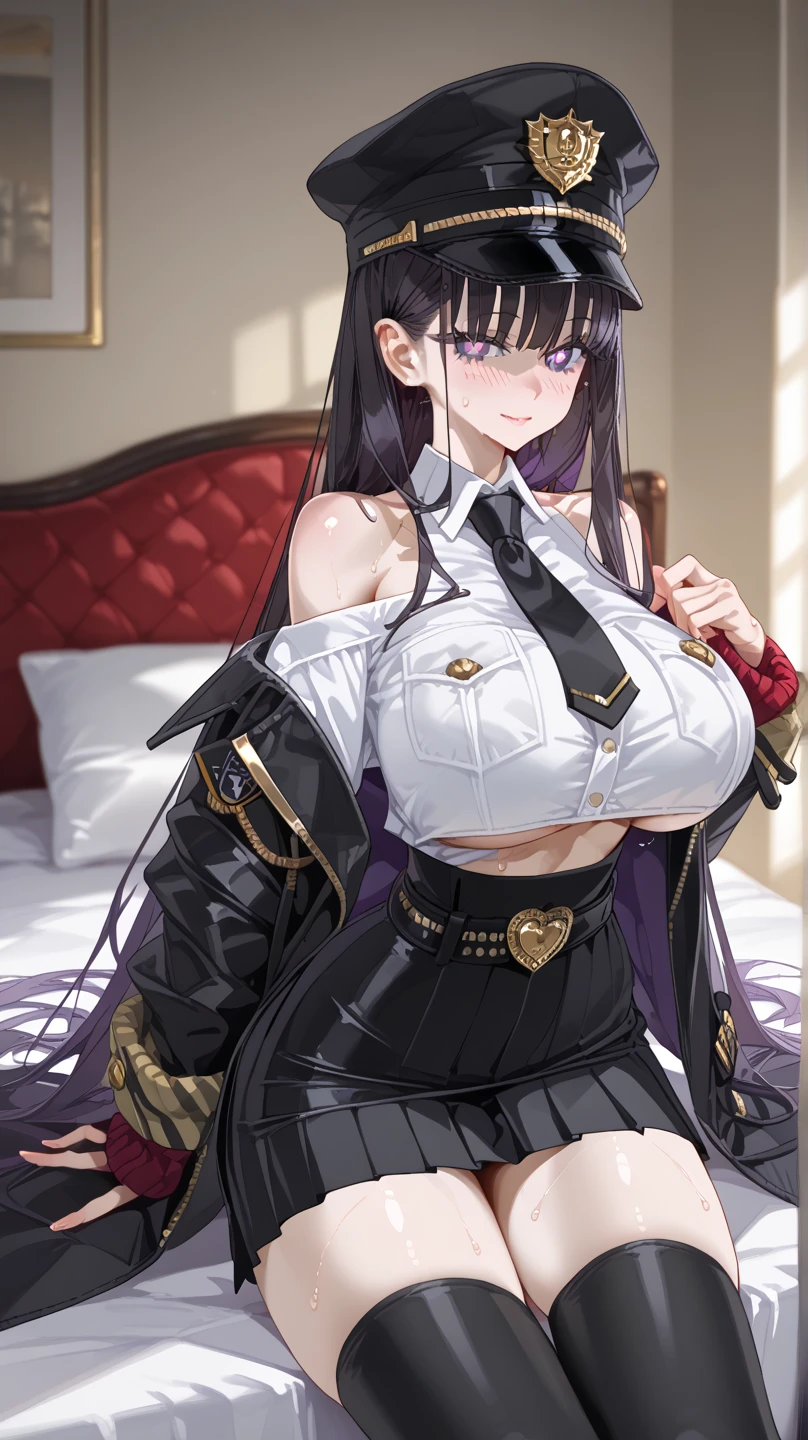 1girl,black necktie,huge breasts,enterprise_default,hat,long hair,necktie,peaked cap,shirt,sleevsless shirt,purple eyes,belt,beautiful breasts,bare shoulders,open clothes,skirt,miniskirt,pleated skirt,underbust,collared shirt,military hat,very long hair,black thighhighs,bangs,black skirt,black belt,white shirt,off shoulder,hair between eyes, on coat, no jacket, (slim body, slender, tight waist, toned body), (indoor, Love Hotel , bed, dim), full-face blush、speech bible, (lovely face, embarrassed, sweat, full blush, loving you), lovely hearts:1.4, heart-shaped pupils, speech bible、dark skin, deep dark hair color