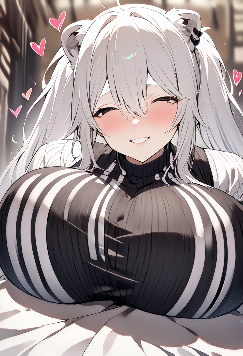    Shishirabotan、  Black knitted outfit 、 vertical striped sweater 、  black sweater、huge breasts:1.5、sagging breast:1.5、  1 girl、  Portrait、 Speaking Heart 、  focus on faces 、  straight hair  、  twin tails、  slightly disheveled hair、White Lion、Vertical white lines on clothes、 Hollow Eyes 、 grabs the breast、smile