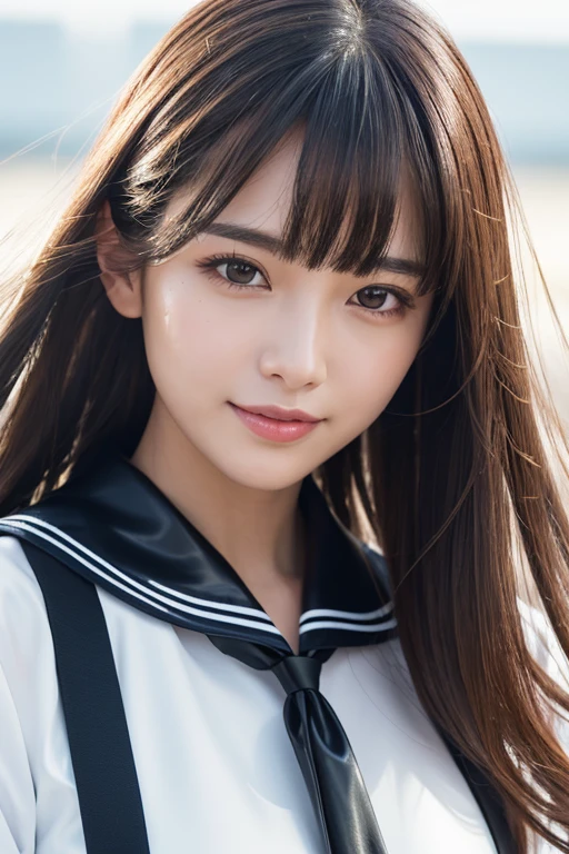 ((Highest quality、masterpiece、High resolution))、(((Zoom photo of upper body)))、One Woman、A shy smile、15 years old、Large Breasts、Sailor suit、Black Hair、Shorn bangs、Straight hair