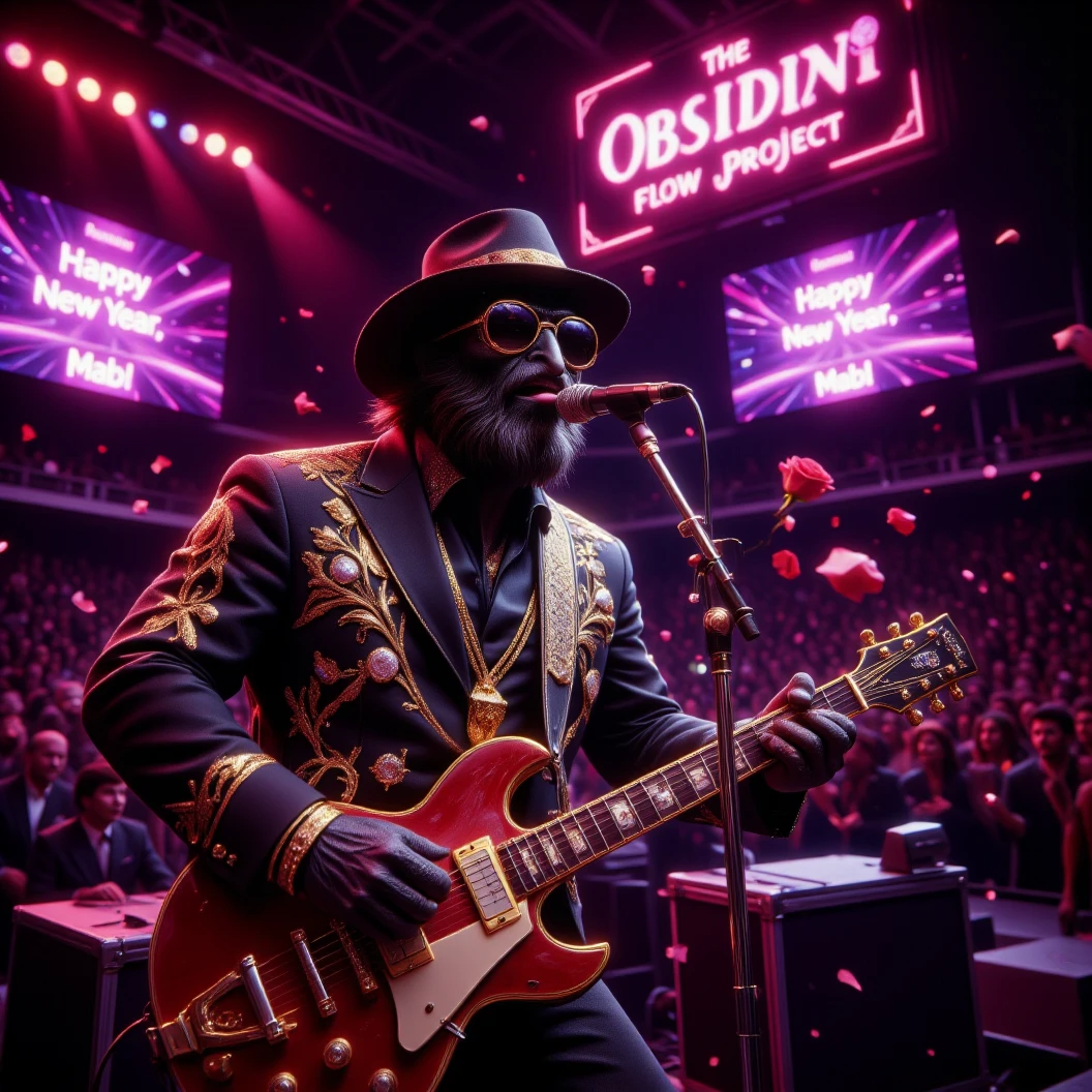 Stadium Blues Rock concert. The band "The Obsidian Flow Project" rocks the stage. A muscular and cool looking anthropomorphic crow is the lead singer and guitarist donned in an ornate black and gold shining suit made if diamonds, a black fedora, large diamond studded sunglasses and shining diamond jewelry. The jumbotrons shows the concert and reads "Happy New Year, MAB!". Large neon sign says "Club Pearl presents The Obsidian Flow Project". Plays on stage facing the crow. Camera flashes can be seen in the crowd. Obsidian dynamically plays his guitar while singing to a retro microphone. The crowd is theowing roses on stage at him. Dynamic Posing, High Resolution, Masterpiece, Award Winning, Super Detailed, Cinematic, Cinematography, Hyperrealism, Depth Of Field, Image Fill. 