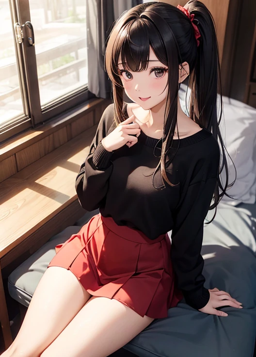 Masterpiece, Best quality,1 girl, Rin Tosaka, Solo, Long hair, Thighs, Mini skirt, Blue eyes, Thighs, Black hair, crouched, Turn up the skirt with both hands,, (Bend your legs while sitting,knee bend)), crouched, Open legs, (skirt up:1.2), NSFW, Shy, Show off, cleavage,