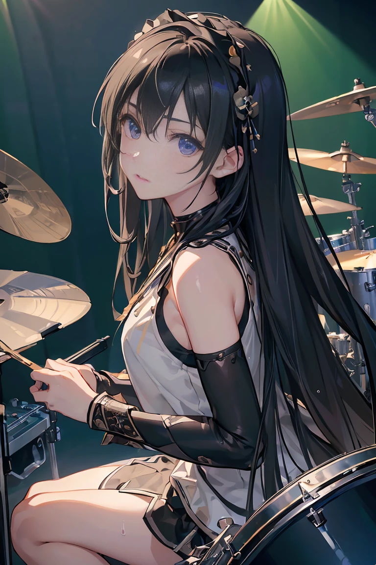 ((best quality)), ((masterpiece)), (detailed), perfect face, ((Best quality, 8k, Masterpiece: 1.3)), Sharp focus, Highly detailed face and skin texture, Detailed eyes, black hair, Rock band member, (playing drums), (drummer), YAMAHA drum set SBP2F5AZM, Shining sweat during performance, from above