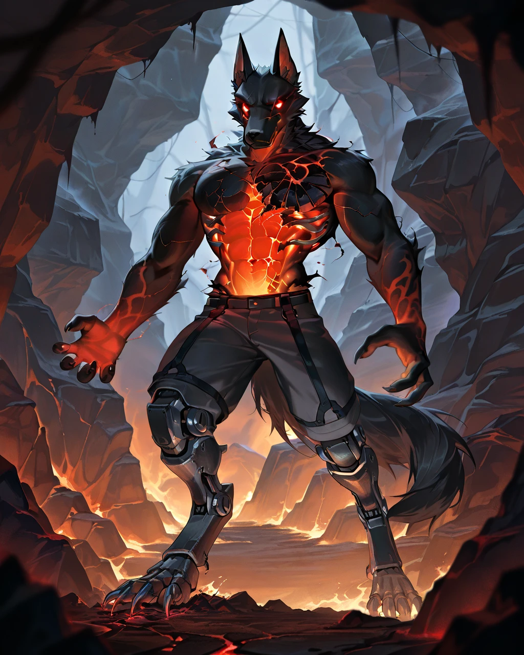 Best Quality, masterpiece, Ultra High Resolution, Detailed Background, (furry male), ( Black Cerberus furry ), metalic body, demonic, underground cave scenery, red glowing eyes, two pair of eyes, Anubis, muscle, (cracked belly:1.2, cracked arms:1.2), cracked chest, solo, male, infernal runes, with black fur, steel ribs, mechanical body, armored legs, metal claws, perfect proportion, good anatomy, perfect anatomy