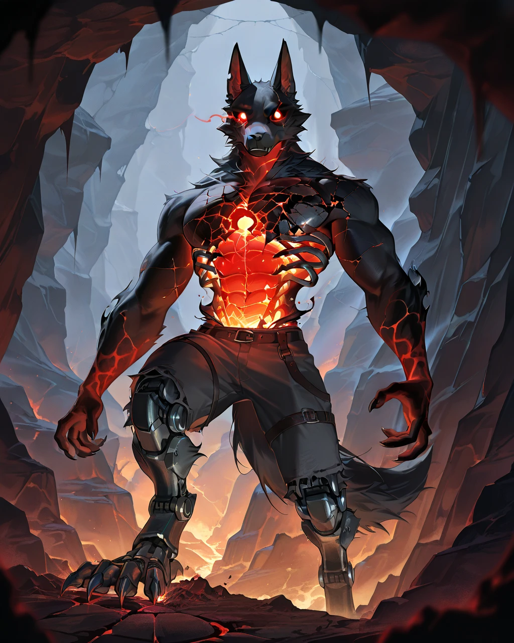 Best Quality, masterpiece, Ultra High Resolution, Detailed Background, (furry male), ( Black Cerberus furry ), metalic body, demonic, underground cave scenery, red glowing eyes, two pair of eyes, Anubis, muscle, (cracked belly:1.2, cracked arms:1.2), cracked chest, solo, male, infernal runes, with black fur, steel ribs, mechanical body, armored legs, metal claws, perfect proportion, good anatomy, perfect anatomy