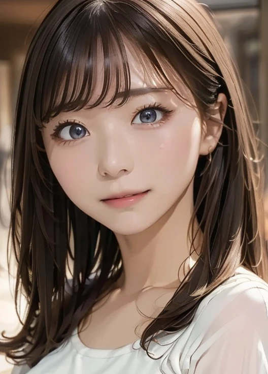 (8k,  super A high resolution,  top quality , masterpiece:1.2)、RAW PORTRAIT OF A GIRL 、 super A high resolution、 top quality 、 ( Busty 、 stick out your chest)、｛Hide the chest:1.35｝、(In town:1.2)、( natural skin texture 、 detailed skin、 hyperrealism、 Ultra Sharpness )、 intricate detail、 depth of writing、 sexy adult woman 、((​masterpiece、 top quality 、 high detail))、( Photorealistic:1.4)、solo、 close your mouth、 smile happily、 Big Eye、Strong mid-range shot from a clear double eyelid 、 eyelash 、Long neck、 absolute domain、Clean collarbone、perfect face、 thin lips、 small face、( lip gloss:1.1)、  YOUNG WOMAN BEHIND EXTRAORDINARY BEAUTY、 Super cute woman 、 Beautiful Legs