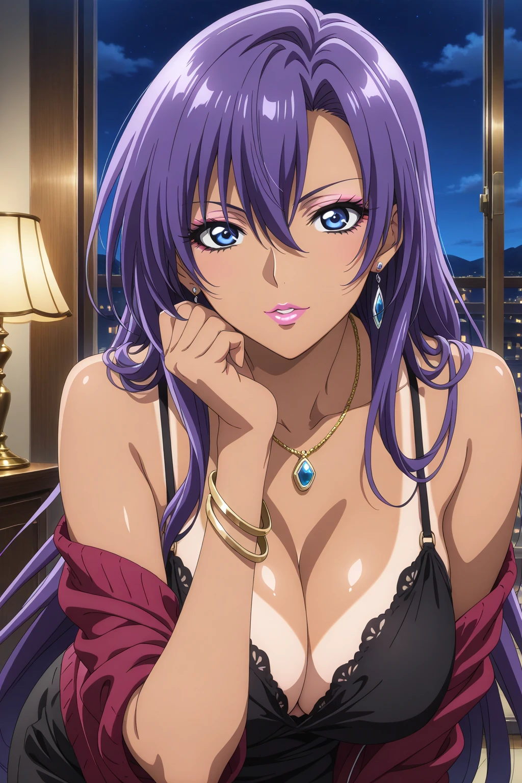 saeko busujima, long hair, purple hair, (purple eyes:1.1), hair between eyes, ((full body)), (masterpiece), (best quality), ultra high res, ultra detailed, detailed eyes, nipple under clothes, intricate, 1girl, looking at viewer, collarbone, ((huge breasts)), (masterpiece:1.2), (best quality), (ultra detailed), (8k, 4k, intricate), (85mm), light particles, lighting, (highly detailed:1.2), (detailed face:1.2), (gradients), colorful, (detailed eyes:1.2), (detailed background)