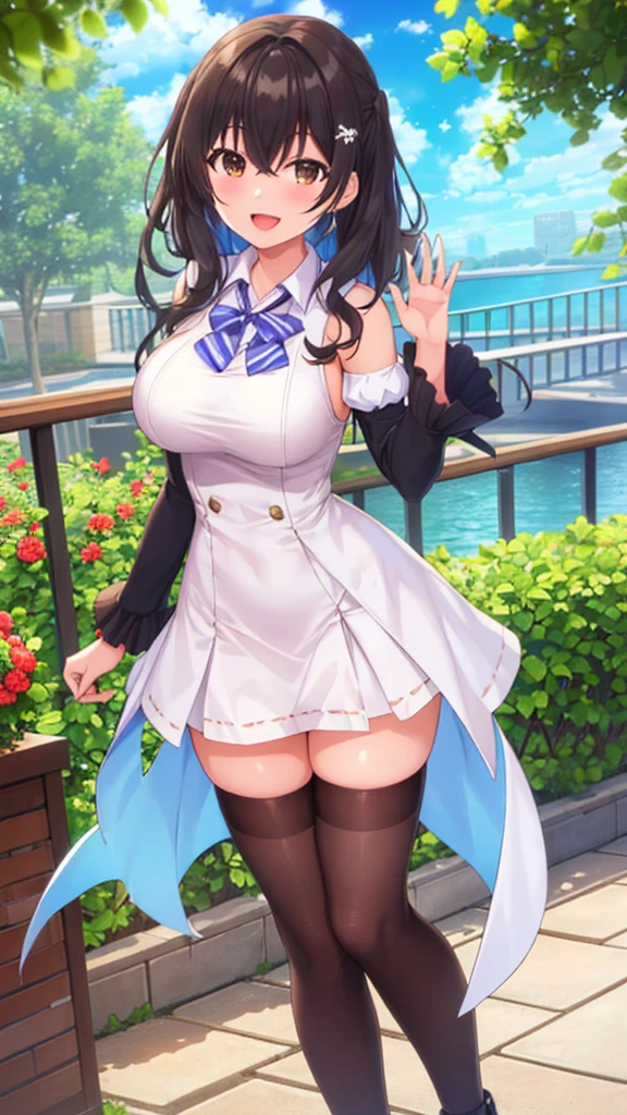 (Masterpiece, Best Quality, girl, solo, looking at viewer, ryuuto_kashima, black hair, brown eyes, large breasts, white dress, detached sleeves, blue thighhighs, standing, outdoors, smile, open mouth